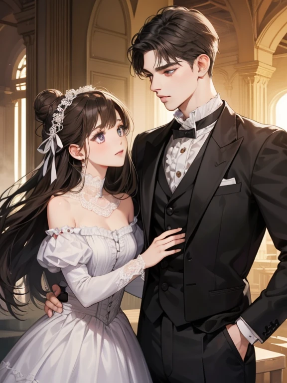 Happy couple, 1 girl 1 boy, Hair color is different, extra detailed face, long black bangs with twist and purple eyes,, short dark brown hair and dark gray eyes,, Face to face, 25 years old, japanes, (Girl in a wedding dress), (Boy in a suit), Dim light,, Boys are tall, At the wedding.