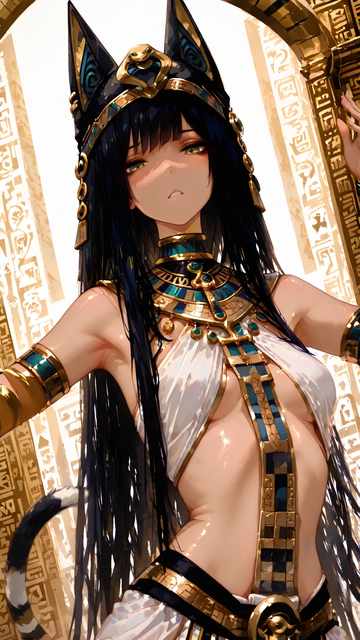 masterpiece, highest quality, ((25 years old)) girl, ((Bastet in Egyptian mythology)),
Egyptian God, Egyptian Mythology, Egyptian Costume, Egyptian Gold Accessories, Mayan Clothing,
blown asymmetrical absurdly long straight hair, ((straight face)),
blown cat face animal cap, blown cat ear, blown cat tail,
(small breasts), Aesthetics, Beautiful Image, ((soft brightness)),
portrait, Dutch angle, Dynamic motion, ((looking at viewer)),
Dynamic lighting, ((dancing violently)),
watercolor, ((2.5D)), ((tall)), thin,