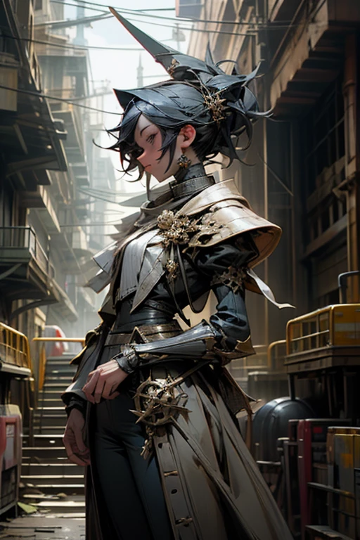 Masterpiece, stunning realistic, best quality, Hanabi Hyuga, wearing sleeveless steampunk dress, in a steampunk city, steampunk world, in the middle of steampunk city filled with steampunk building
