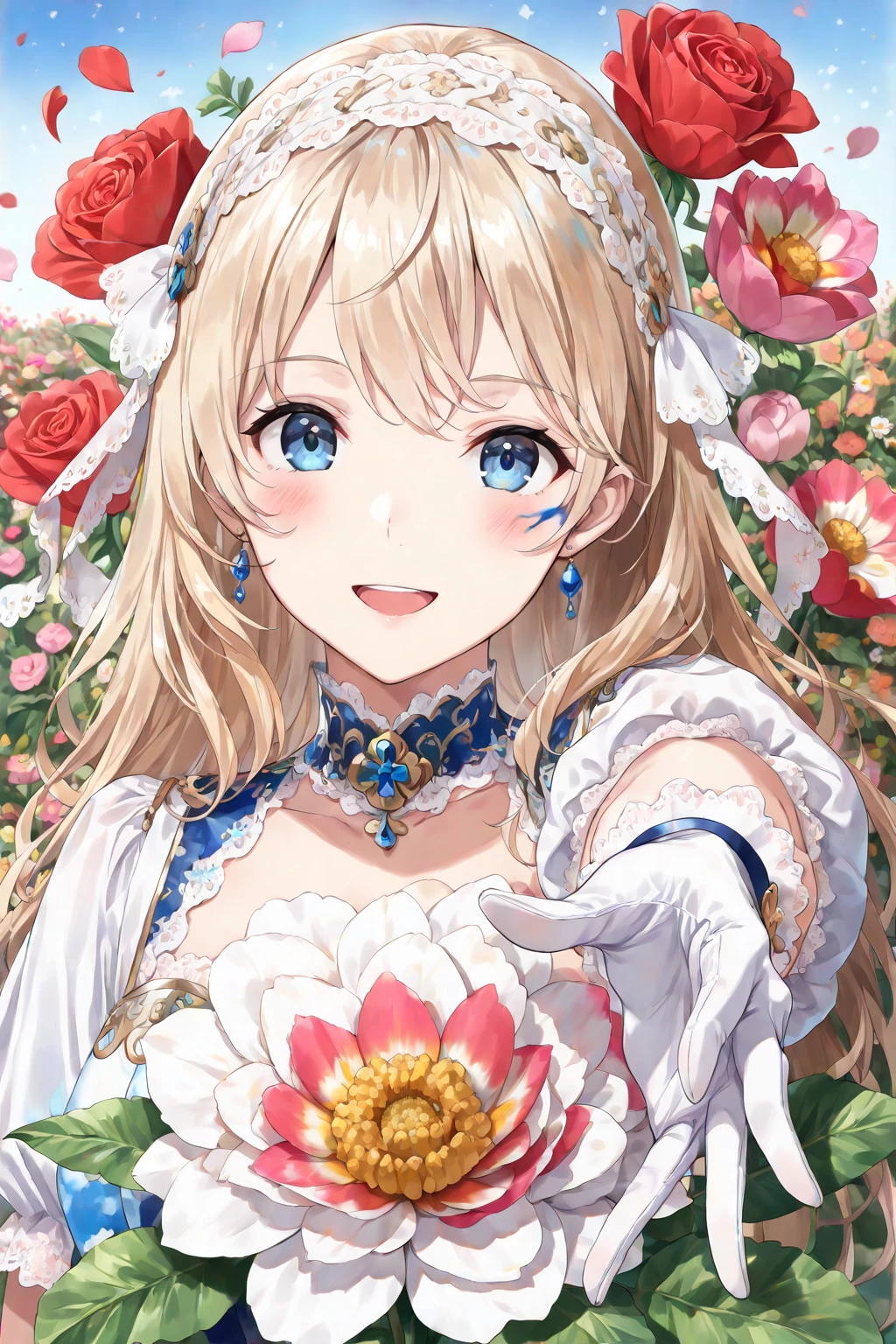 From the top, ((Best quality)), ((Masterpiece)), (detail) From the top, ((Best quality)), ((Masterpiece)), (detail) 1girll, ，light colors hair，Shining blue eyes，Plump cheeks, Blushlush，Hefty Smile，Wear colorful dresses, Ribbons and floral ornaments, It gives the impression of innocence and cuteness. , Large ,  gigantic  , ，,