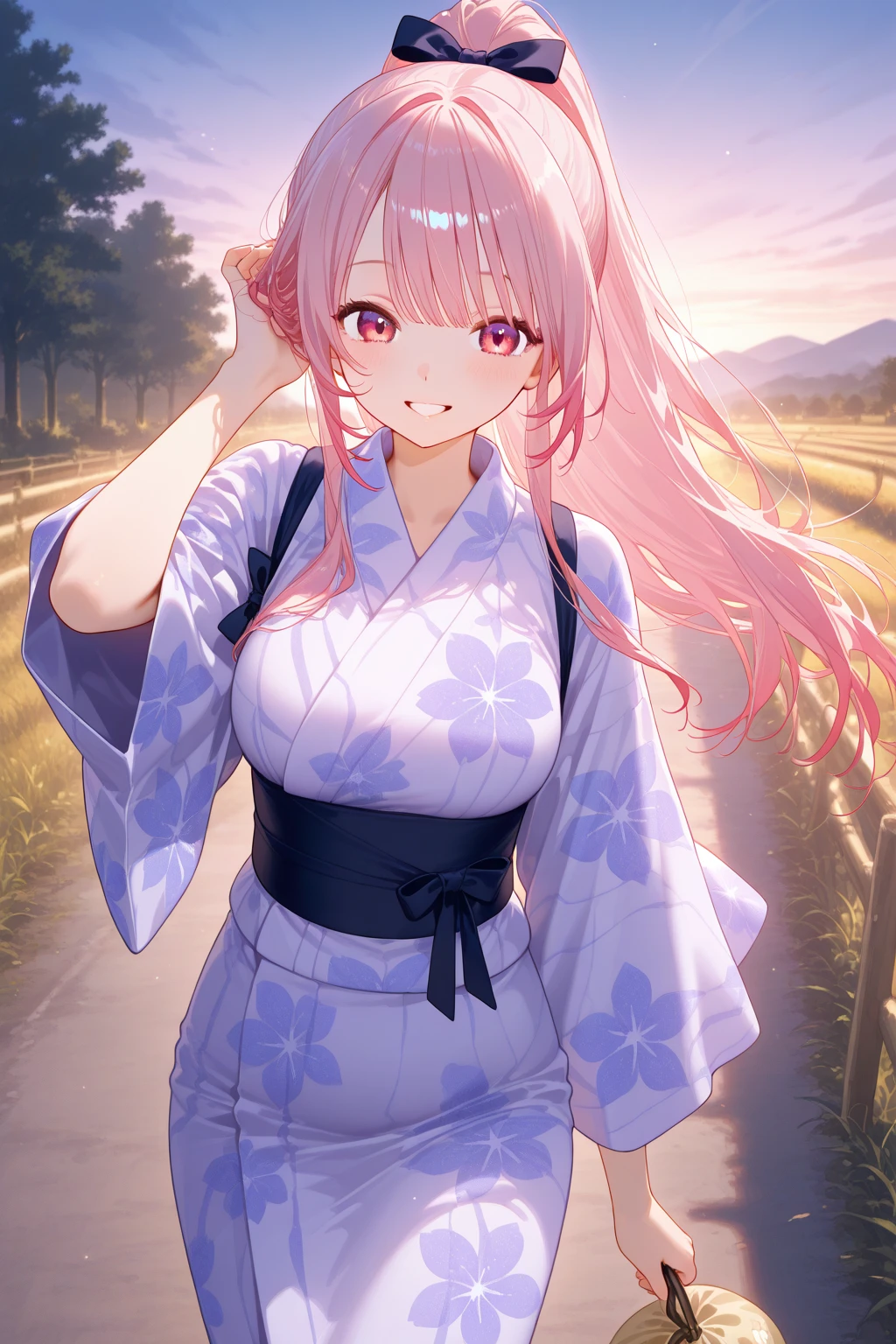 best quality, insanely detailed, nino nakano, breasts, blush, looking at viewer, cheerful eyes, arousal, kimono, highleg kimono, tight kimono, , roof top background, 