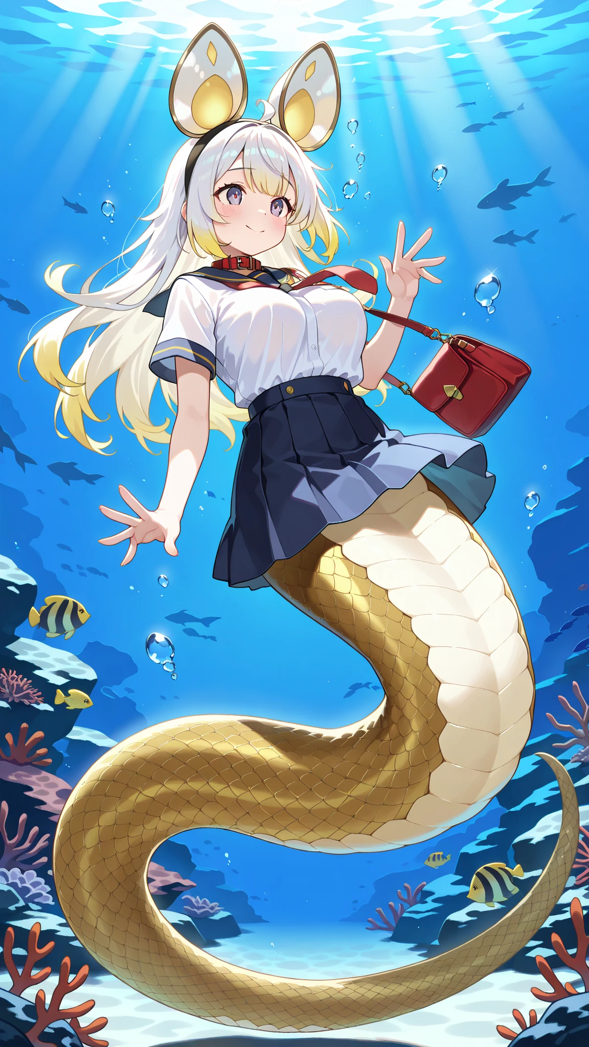 1 female, big boobs,malice pawn dormouse, blush,White hair,school uniforms,日式school uniforms,red collar,(Underwater:1.2),seabed,full body photo of the grade,masterpiece,Up to,HD,is very beautiful,cute,absurd,(All five fingers ),Beautiful Woman,Golden snake tail,lamia,The lower half of the body is a golden snake tail,Smile,Shy,No legs,handbag