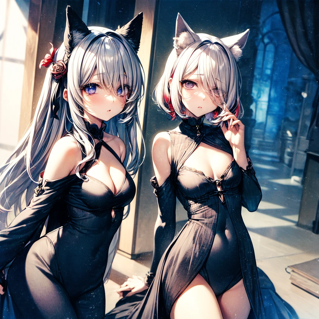 school girl, cat girl, white hair, anime girl, cute anime girl, blush, school swimsuit, fluffy tail, eye elevation, long hair, white cat ear, tied swimsuit, medium , --auto