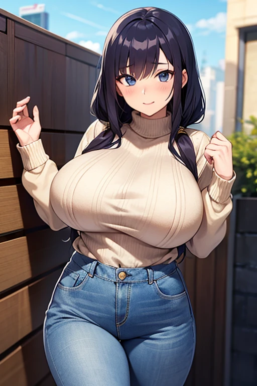 A married woman in a  pose、(kind face、lowered eyebrows、２８Year、very  japanese wife)、(Fitted Sweater、tight jeans)、very big 、very long legs