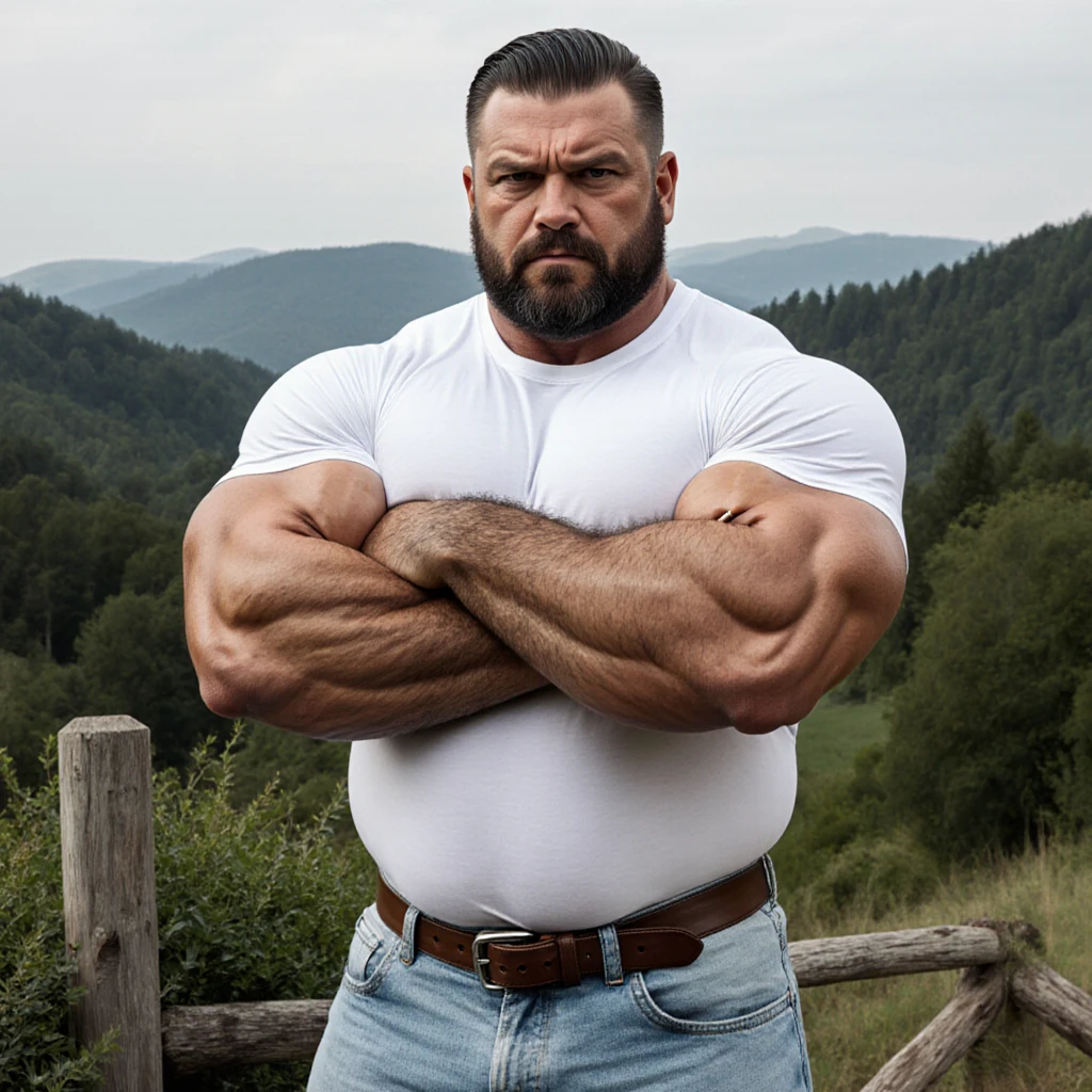 A portrait full body photograph A tractive mid age balg Strong, muscular, hairy big belly in the style of light brown and teal, moody colors, curvilinear, textural layering, utilizes, velvia, media-savvy, sharp photo, HD, 8k --auto --s2