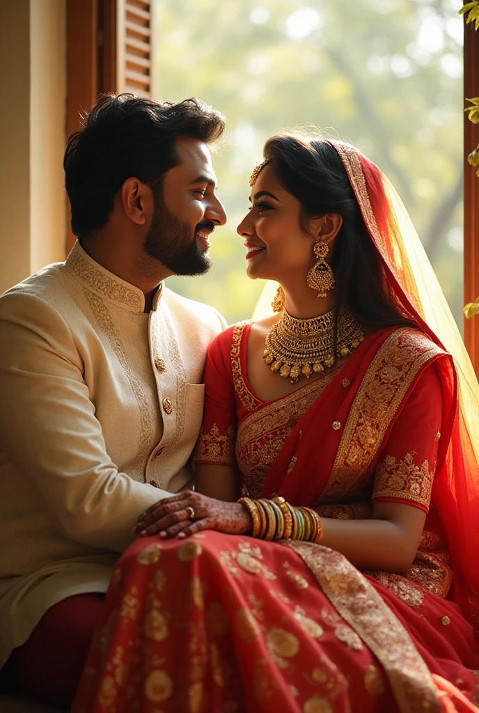 epic realistic portrait of Pakistani bride with groom outdoor (same face, location, but different pose)