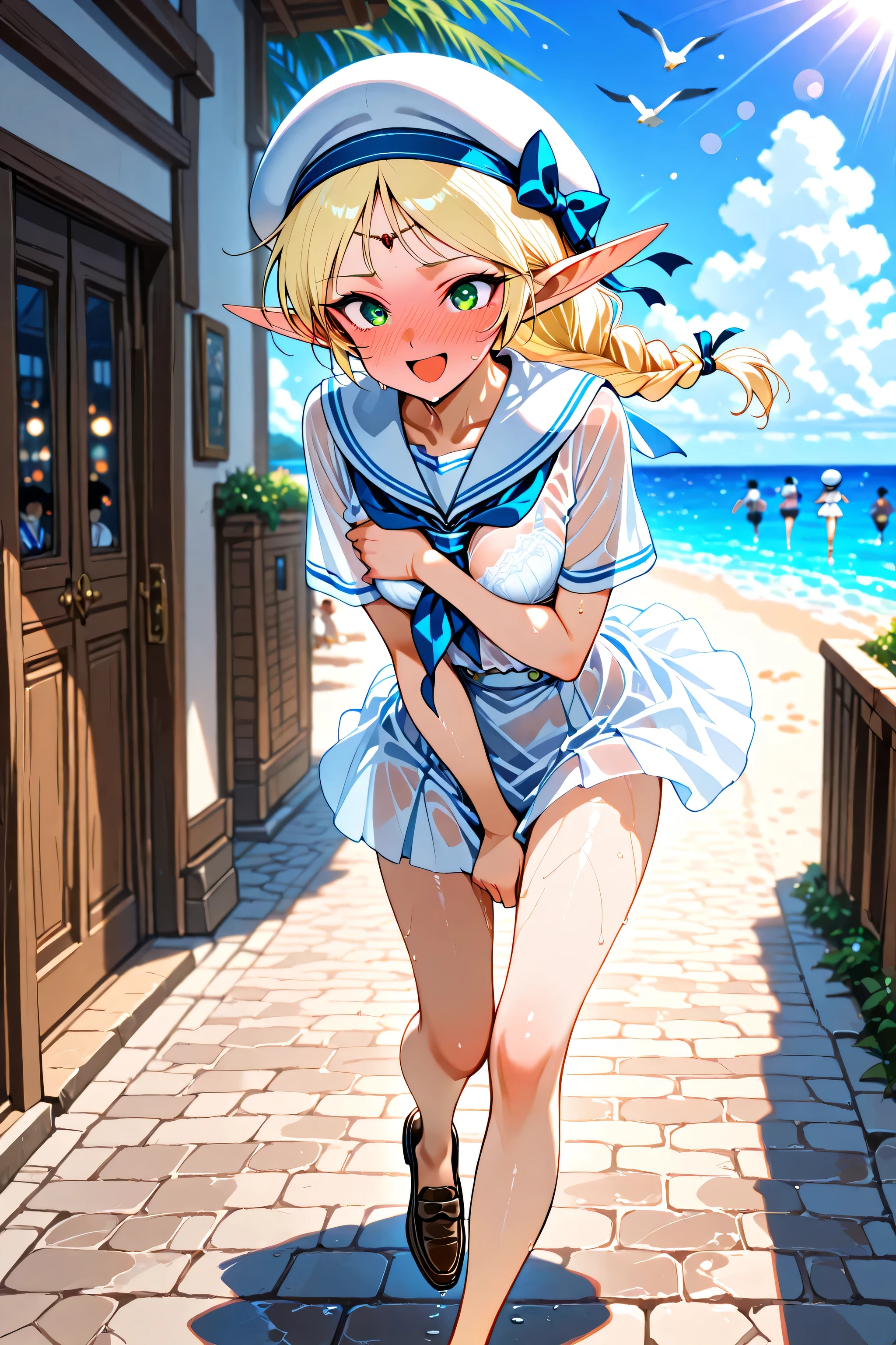 masterpiece, best quality, highres, incredibly absurdres, amazing quality, tanaka masayoshi artstyle,
1girl,solo focus,three quarter view,
deedlit, pointy ears, elf, blonde hair, French braided ponytail, white serafuku,white sailor collar,white skirt,white sailor collar,blue neckerchief,white beret,(hat bow),white panties,wet clothes,(bra visible through clothes:1.2),white bra,loafers,no socks,
dynamic expression,full-face blush,exhibitionism,embarrassed,smile,open mouth,
dynamic pose,covering breasts, arm between breasts, (running), running on streets,
summer,day, outdoors,seawall,breakwater,beach,blue sky,seagull,ocean, streets,(bokeh),faceless other,stone floor,

