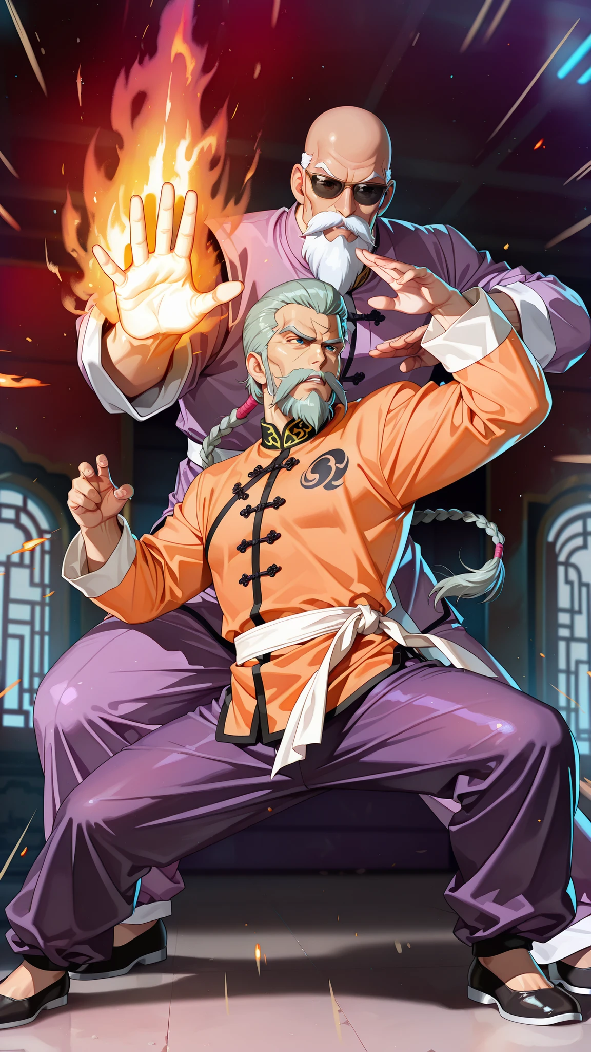 1980's anime style,mutenroshi,2man,(One man is mutenroshi, velho, calvo, sunglasses, barba, bigode, roupas chinesas, camisa, orange camisa, Manga Compridas),quebrar ,quebrar,(the other is Master Asia from Mobile Fighter G Gundam,1velho,the shining palm of a man showing a burning coat of arms of the King of Cups,mestre de kung fu,no sunglasses,bigode, hair tied in three braids, cabelos grisalhos, hair combed back,purple kung fu outfit,Manga Comprida,purple kung fu pants,obi branco, 4 dedos,combat position),quebrar,Batalha,dynamic motion,Batalha sean,aura