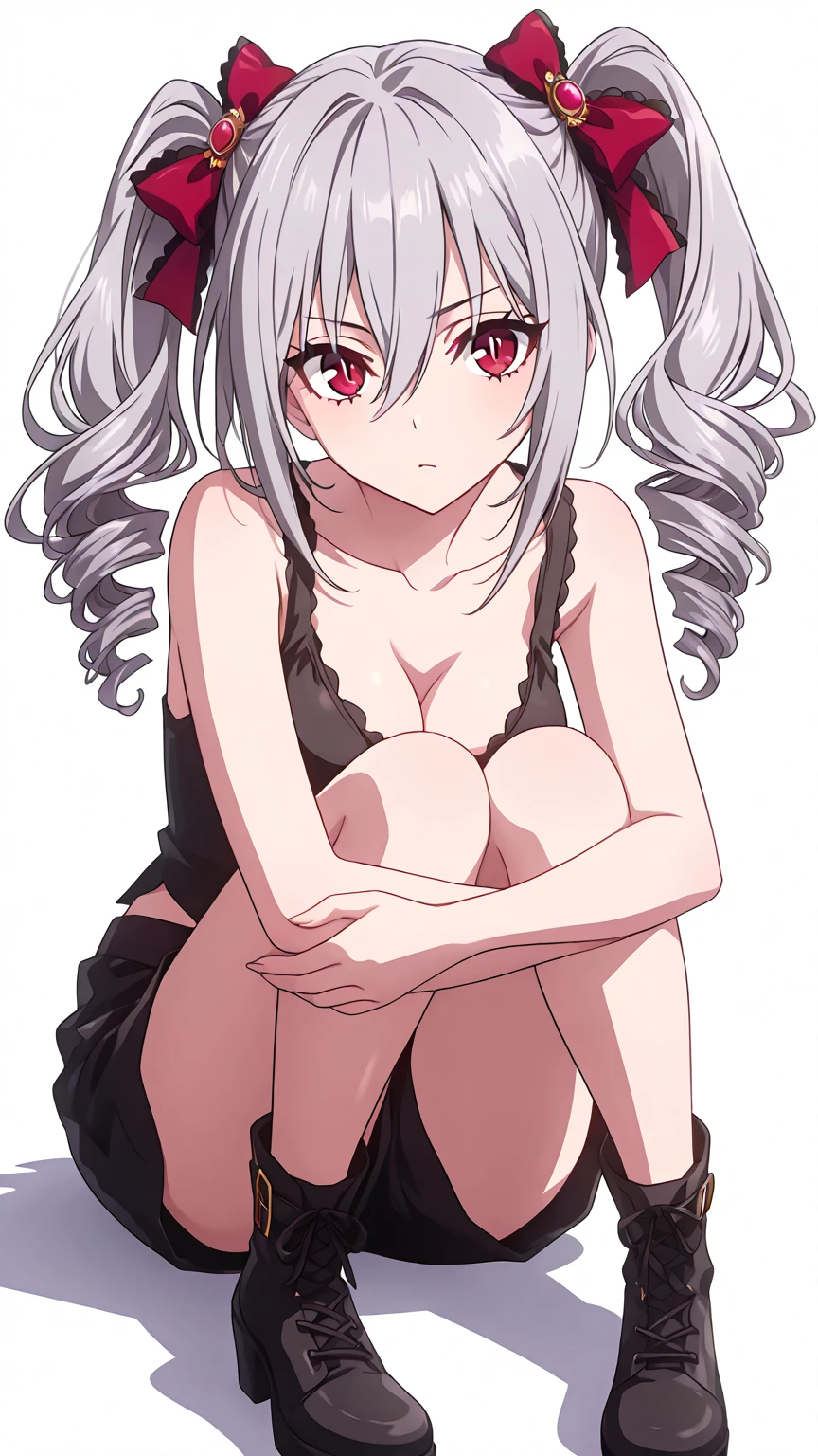 best quality, amazing quality, very aesthetic, absurdres, 1girl, mutsuki (blue archive), blue archive, red eyes, white hair, strapless, (artist official art:1.5), (realistic face), (narrowed eyes), (cowboy shot), (art:1.5), panties, (thigh), expressive eyes, perfect face, 4k, extremely detailed anime illustration, extremely detailed eyes, enhanced details, perfect anatomy, light rays, photo background, extremely delicate body, smooth skin, feminine expression, (black background:1.5), cristal clear eyes, beautiful face, breasts
