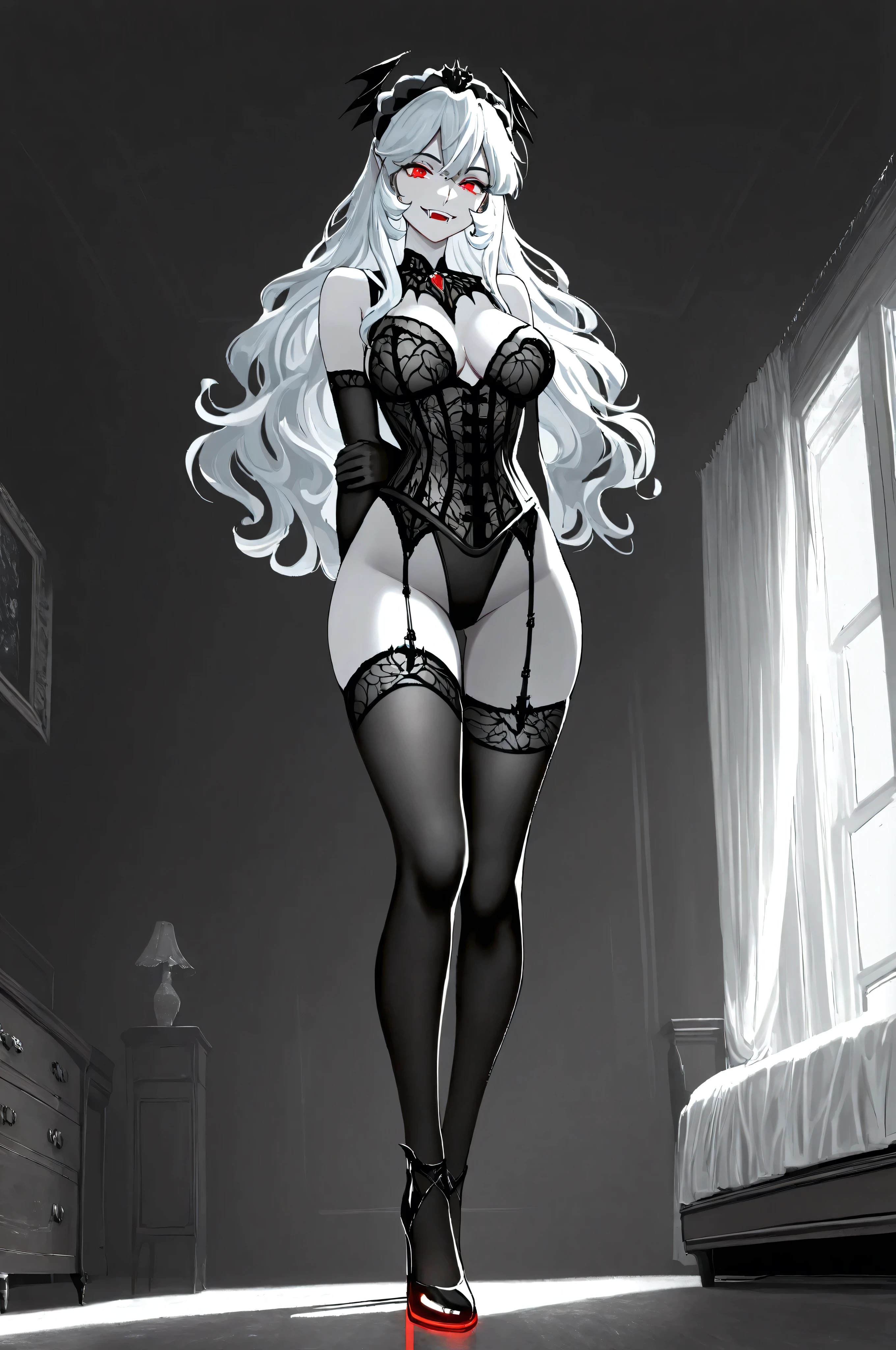 marvelrivals,n30ng0th1cf4ngg1rl,NeonGothicFangGirl, ,aidmaMJ6.1, A (1960s photoshoot style black and white, only color is blue and red) glamours female vampire model shot, RAW, award winning, of an exquisite beautiful solo female vampire, ultra feminine, full body, busty woman, most beautiful face ultra detailed face, long hair, wavy hair, pale skin, glowing red eyes, wearing blue silk corset, stockings, wearing intricate high heels, light make up, modern day high society bedroom background, ((black and white filter)), picture taken from dynamic range, vibrant, Ultra-high resolution, High Contrast, (masterpiece), highest quality, Best aesthetics), best details, best quality, highres, ultra wide angle, 16k, ultra detailed, masterpiece, best quality, (extremely detailed), Perfec