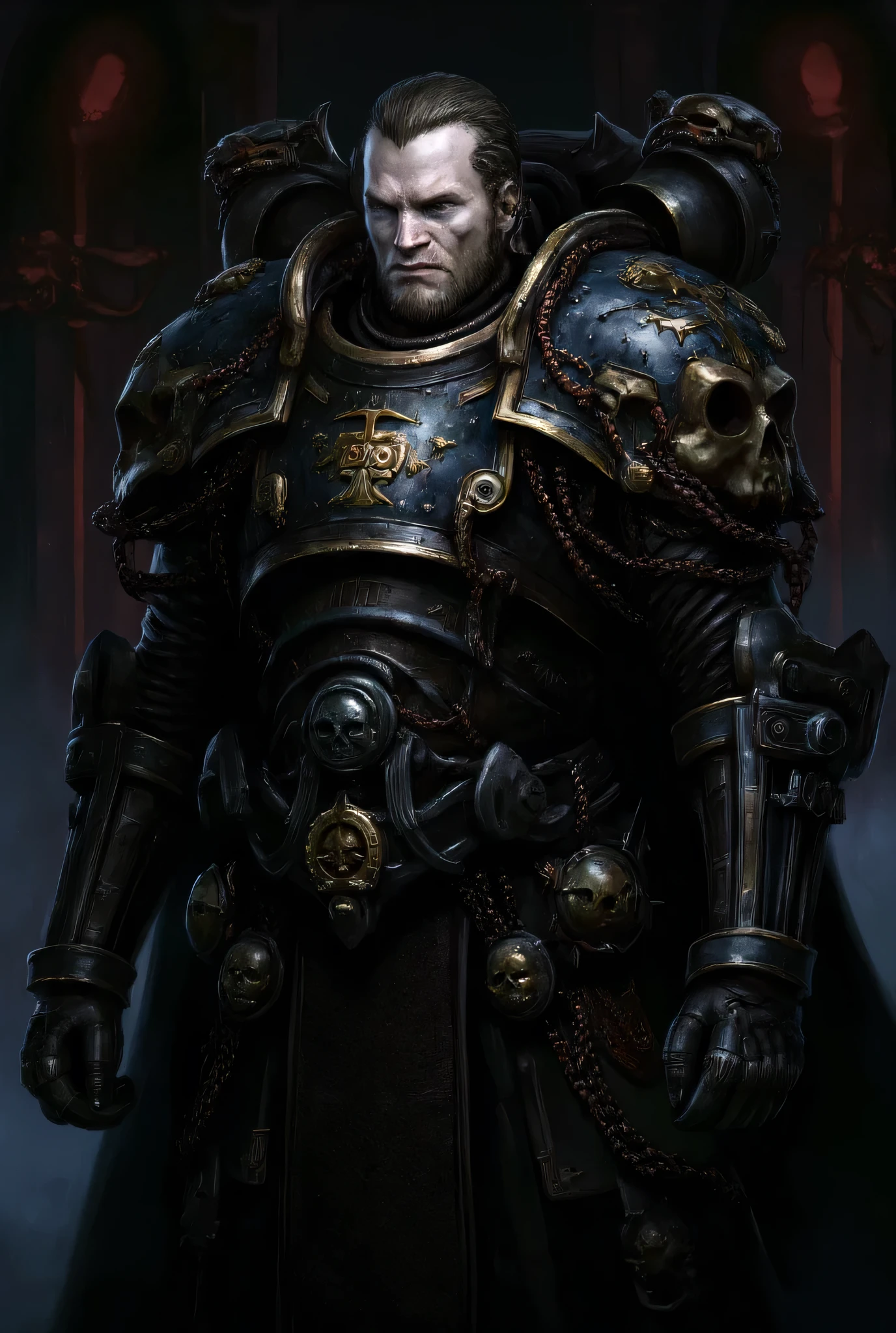 "Willem dafoe Create an avatar of actor Willem Dafoe as a character from Warhammer 40k. He should have a stern and intense expression, with striking features that emphasize his sharp cheekbones and piercing eyes. Dress him in elaborate, futuristic armor adorned with gothic and grimdark elements typical of the Warhammer 40k universe. Include details like chains, skulls, and insignias that reflect his status and power. The armor should be in dark tones with metallic accents. Give him a short, well-kept beard and slicked-back hair, maintaining his distinguished look. Place him in a dark, ominous background that complements the overall aesthetic."