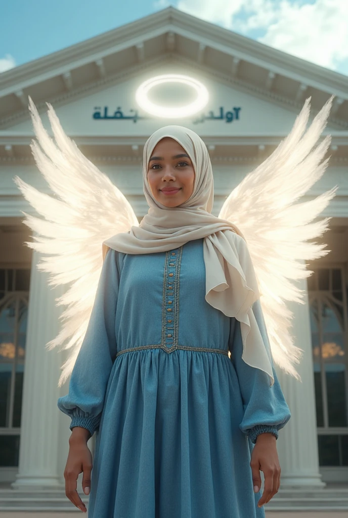 Beautiful japanese princess wearing a hijab and tight dress showing cleavage, and long legs with crown and angelic wings 