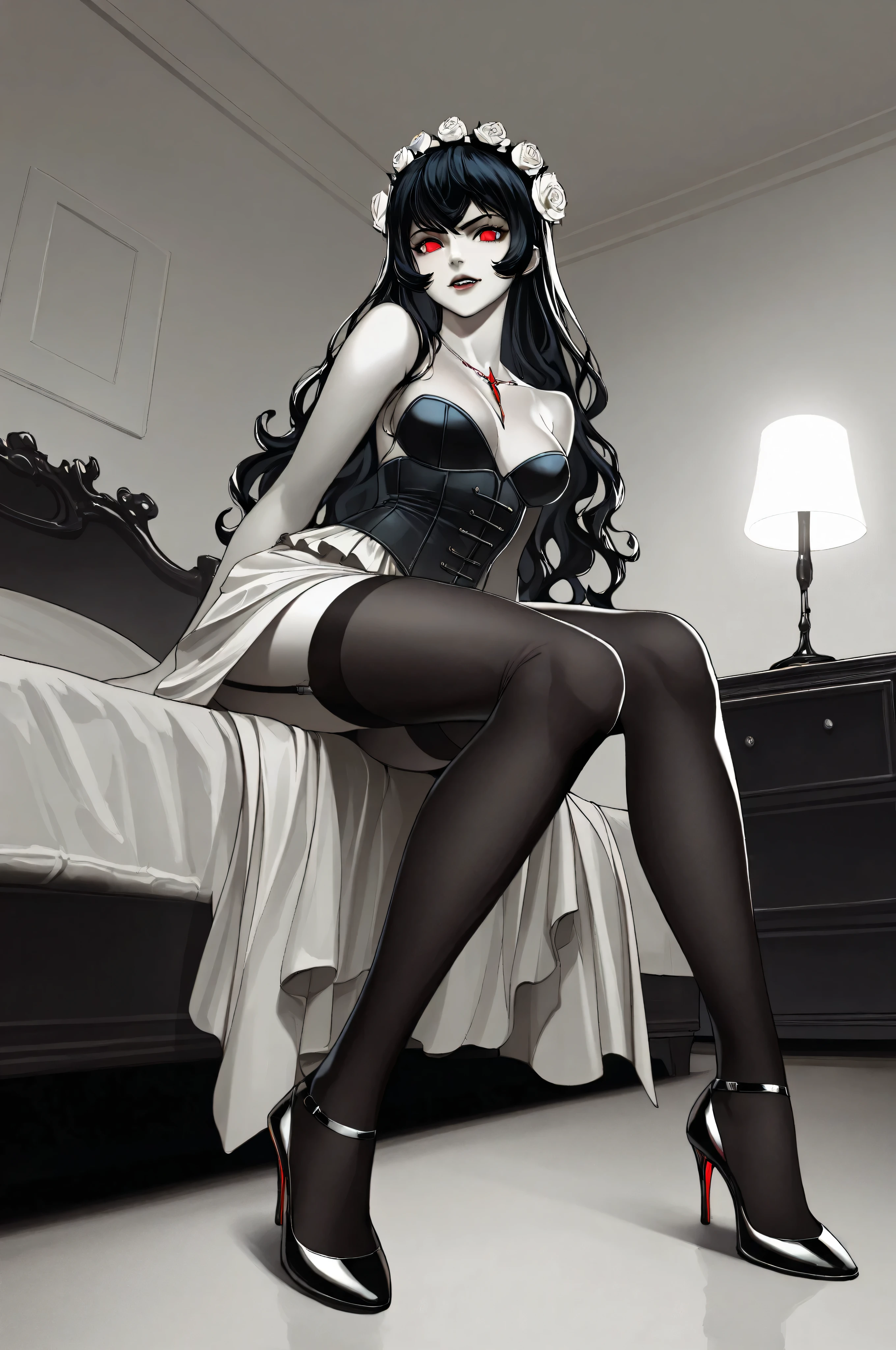 marvelrivals,n30ng0th1cf4ngg1rl,NeonGothicFangGirl, ,aidmaMJ6.1, A (1960s photoshoot style black and white, only color is blue and red) glamours female vampire model shot, RAW, award winning, of an exquisite beautiful solo female vampire, ultra feminine, full body, busty woman, most beautiful face ultra detailed face, long hair, wavy hair, pale skin, glowing red eyes, wearing blue silk corset, stockings, wearing intricate high heels, light make up, modern day high society bedroom background, ((black and white filter)), picture taken from dynamic range, vibrant, Ultra-high resolution, High Contrast, (masterpiece), highest quality, Best aesthetics), best details, best quality, highres, ultra wide angle, 16k, ultra detailed, masterpiece, best quality, (extremely detailed), Perfec