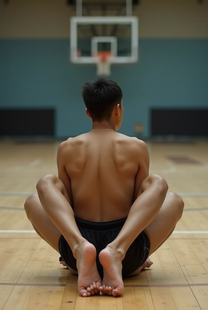  teenage Americans-Japanese guy 19 years old,short body 145 cm., standing sideways turn back to viewer,  ,,male,boy,korean, standing in outdoor gym 