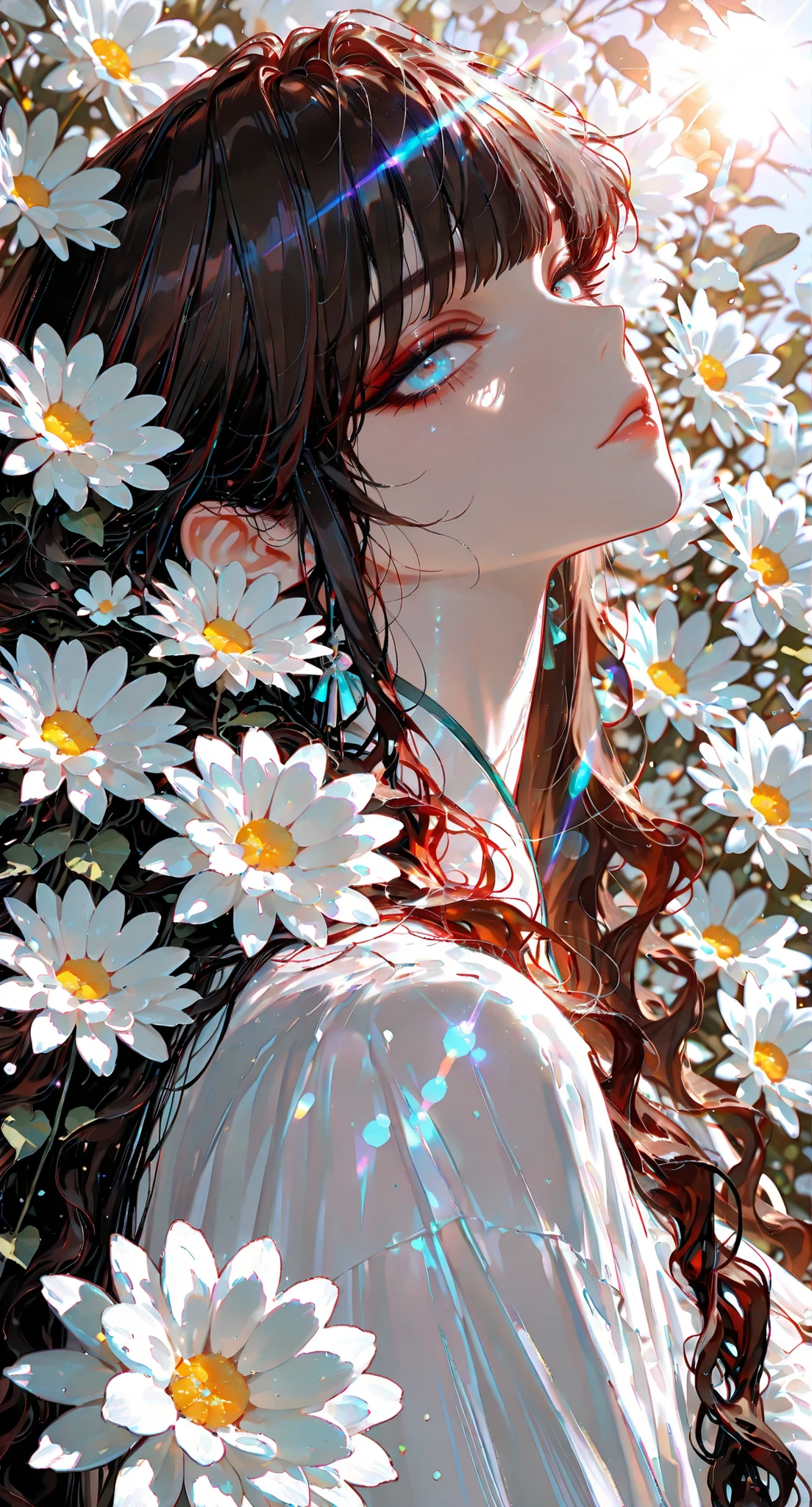 Masterpiece, best quality, amazing quality, newest, very aesthetic, absurdres, (scenery:1.4), perfect proportions, perfect hands, 8k, good anatomy, good shading, ultra detailed, refined details, high resolution, HD, masterwork, 4ur4_illu,shiny, XUER guangying,748cmstyle, CRYOS2.
(artist:mazjojo:0.83), (artist:pigeon666:0.67), (artist:zawar379:0.77), (artist:remsrar:0.65), (artist:yoneyama mai:0.74), (artist:chimmyming:0.72), (artist:konya karasue:0.55), (artist:remsrar:0.65), nub1mo, (Yomu:0.3),(dino_(dinoartforame):0.5),(quasarcake:0.4),(wlop:0.3), (photorealistic:1.2), (illustration:1.3), high resolution, sharp focus, sunlight, dappled sunlight, close-up, (1girl:1.2), upper body, solo, looking at viewer, light blue eyes, detailed eyes, short brown curly hair, surrounded by flowers, white flowers, bokeh, light particles, (lens flare:1.5), (blurry foregound:1.3), (blurry edges:1.4), from side, soft lighting.