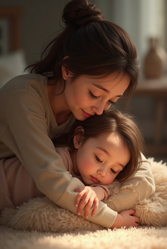 This is a cozy and happy image of ((a woman)) curled up next to an adorable calf. The woman is lovely with interesting and beautiful eyes and puffy lips. Her eyes are (colorful) and have interesting color combinations. The calf is sleepy and cute, with detailed eyes and cow markings. Include many cozy and peaceful details. Include warm, peaceful, pretty, elegant, baby cow, lovely  woman, smile lines, god rays, rays of light, shimmer, ((masterpiece)), best quality, ultra detailed. Perspective places the woman and the calf in the center of the image. Utilize dynamic composition and cinematic lighting techniques. (((The young cow is as important as the woman and should be perfect and cute.)))