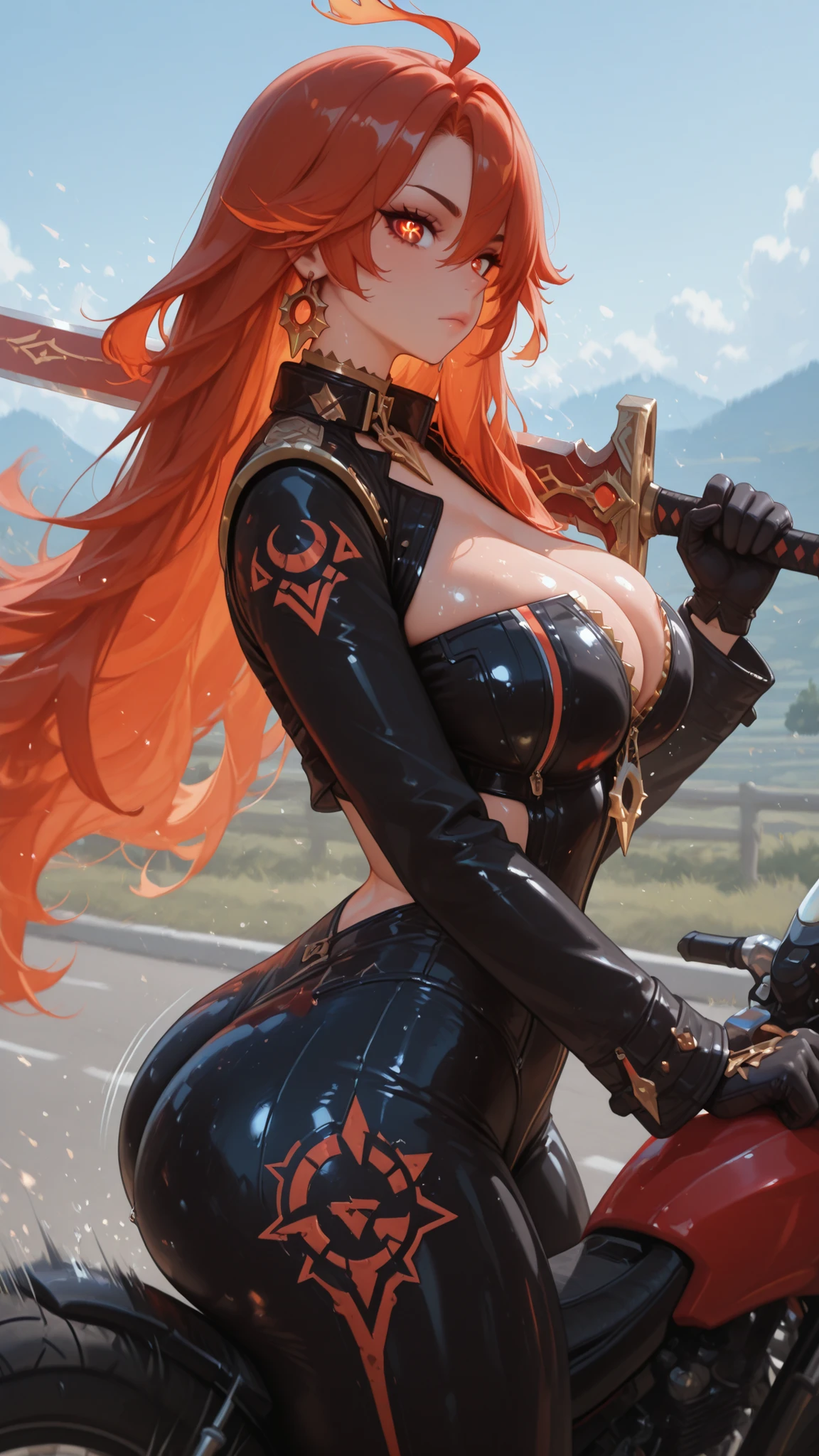 runesword,motorcycle,Scout Bobber,mavkdef, symbol-shaped pupils, red eyes, large breasts, red-orange hair, long hair, ahoge, jewelry, earrings, choker, zipper, bodysuit, clothing cutout, cleavage, black gloves, long sleeves,Shiny skin,1girl,solo, beautiful girl,UHD, masterpiece, (anatomically correct), textured skin, super detail, high details, high quality, best quality, HD, 8k, huge hips, curvy, multicolored hair, flame hair, look at viewer, cowboy shot, ride on motorcycle, flame motercycle, female rider, (moving motorcycle), wimd, from side, carrying sword on shoulder, Lower her body, motion blur, speed lines, large sword, holding sword