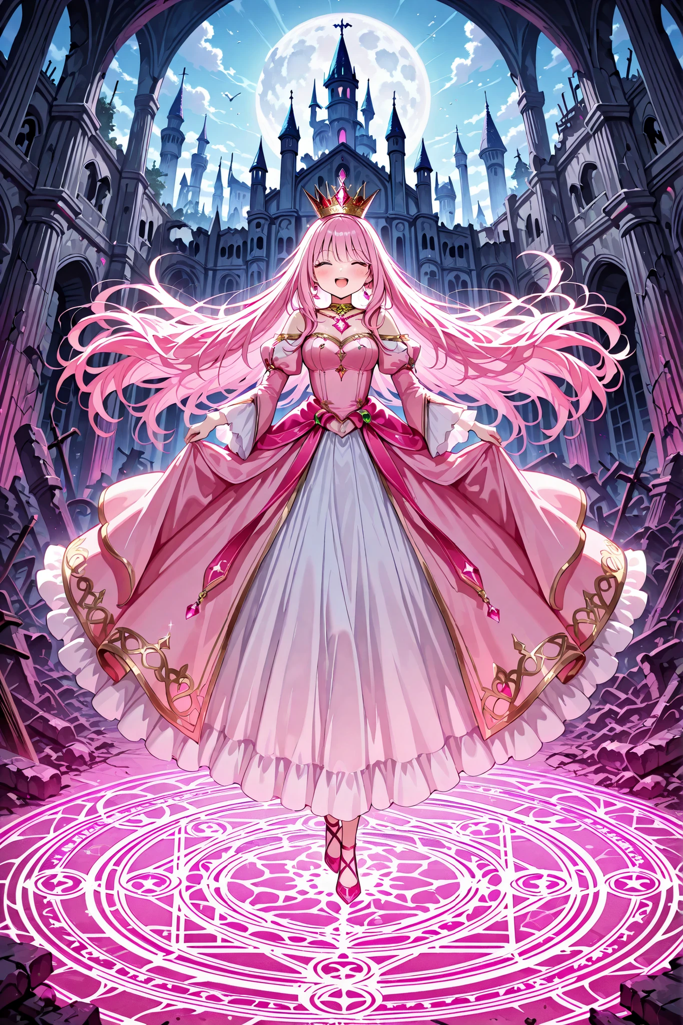 pink hair,centered around the girl with long hair at the center of the magic circle,A crown like a queen, Shining Jewel ,pink dress,Sparkling Smile,ruins,Abandoned castle,rough background