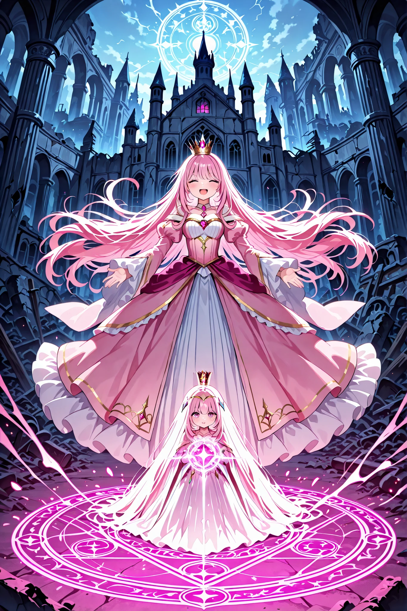 pink hair,centered around the girl with long hair at the center of the magic circle,A crown like a queen, Shining Jewel ,pink dress,Sparkling Smile,ruins,Abandoned castle,rough background