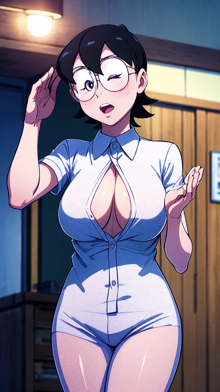 ((Tabletop, Highest quality, High resolution, Pixel Perfect,  4K, Browsing Caution)))、((Chubby))、1 Girl, Beautiful woman、(((Surrounded by multiple middle-aged men、Bukkake)))、((Short Hair、Black Hair)), ((Red eyes、Beautiful eyelashes, Realistic eyes)), ((Detailed face, blush:1.2)), ((Smooth texture:0.75, Realistic texture:0.65, Realistic:1.1, Anime CG Style))、Big nipples、((Huge breasts、Swollen nipples、Thick thighs)), Perfect body、Office room at night、((((:or、Embarrassing、blush))))、((Sweat、Steam from armpits))、(Place your hands behind your head、Underarm)、((Shirt lift、Flip-up skirt、White Sleeveless Dress Shirt、Pencil Skirt))、Glasses