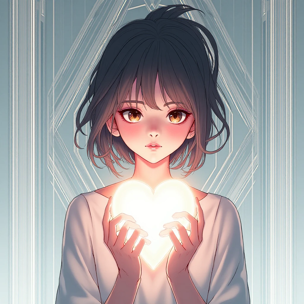 Kissing Face、Realistic、anime、Big eyes、Strong  desire、リアルanimeスタイル、anime、Face it head on、bed、Sit sloppily、Cute messy pajamas、Open the chest、Place your hands on your chest、looking at the camera、Close ~ eyes、blush、Show your chest、short hair、mole