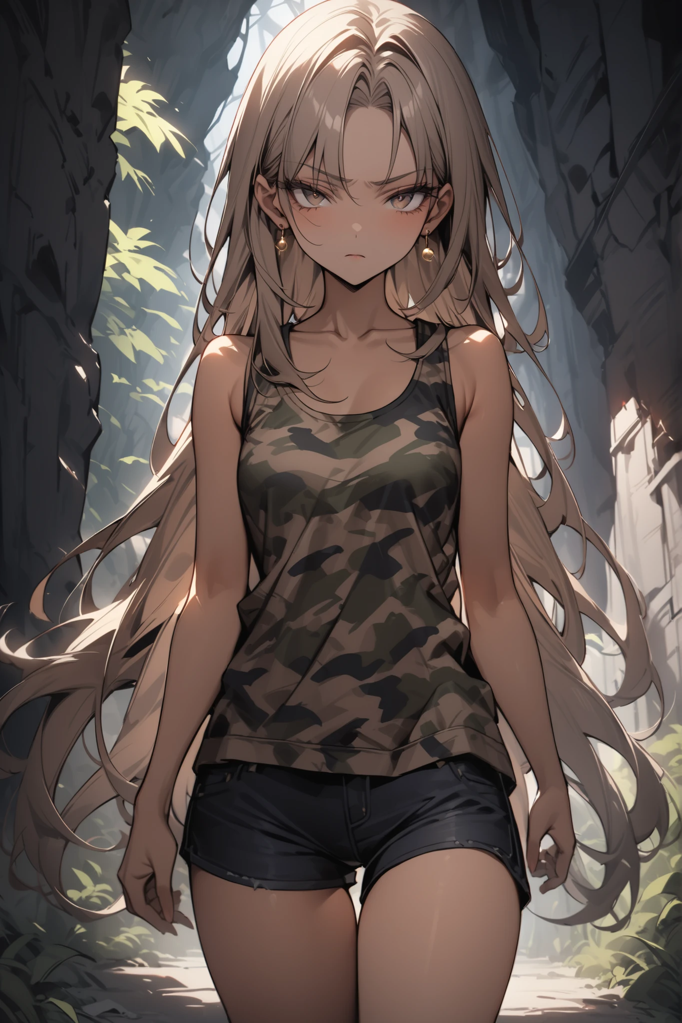 ((masterpiece,Highest Quality:1.2)),(soro),slender,A junior high school girl stares at us while walking through a dark cave,cowboy shot,beautiful skin,(Thin thighs),(healthy tanned skin,) light brown very long hair,Perfect brown eyes , tree eyes ,Serious Expressionless,Camouflage Tank Top,black denim shorts,Gold Earrings,High Pressure Attitude