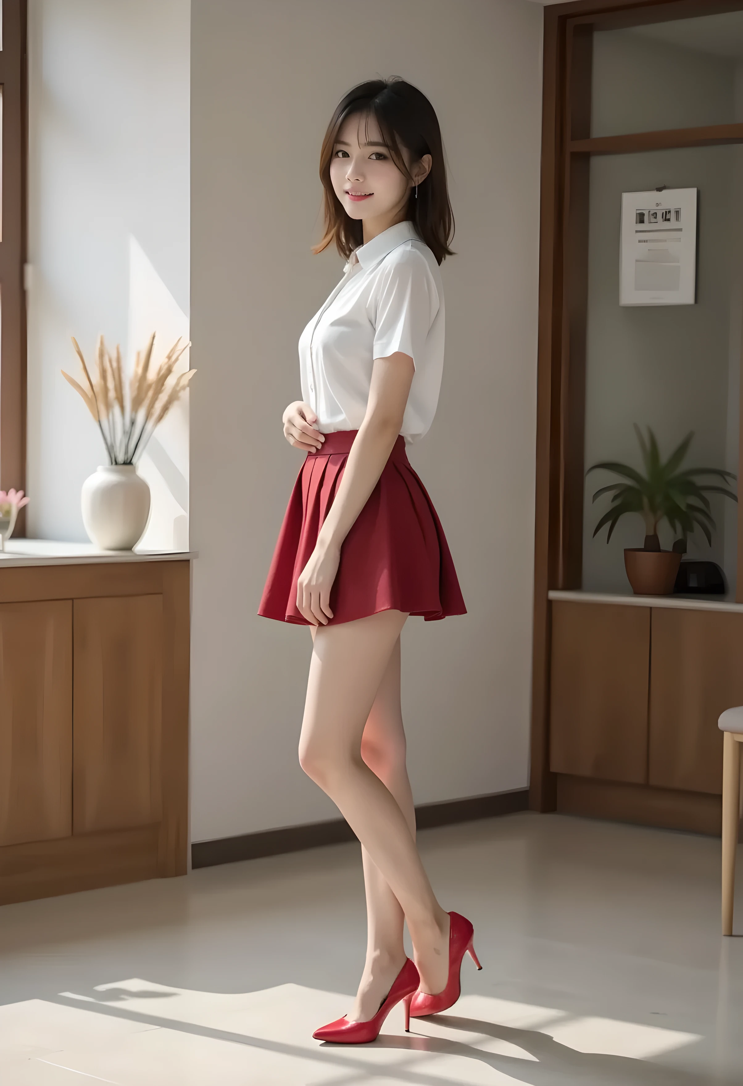      super real ,       Photorealistic   ,    (Full body image:1.5),  she looks so happy      , shadow,           global illumination          , Alone, (Japanese woman in her 20s :1.5),      so beautiful、     Cute Smiles ,    vinegar,    brown hair ，　Beautiful legs ， Long, slender legs ,       すり身ウエvinegarト   ， She's wearing a receptionist   ，バvinegarガイドのを着ています  ，   turn your body forward、  white hair，full body photo  ，Please take a picture up to the tip of your foot  ，wear argyle patterned pantyhose on her legs  ，When the light hits stockings, they reflects beautifully.，wearing red high heels      ，