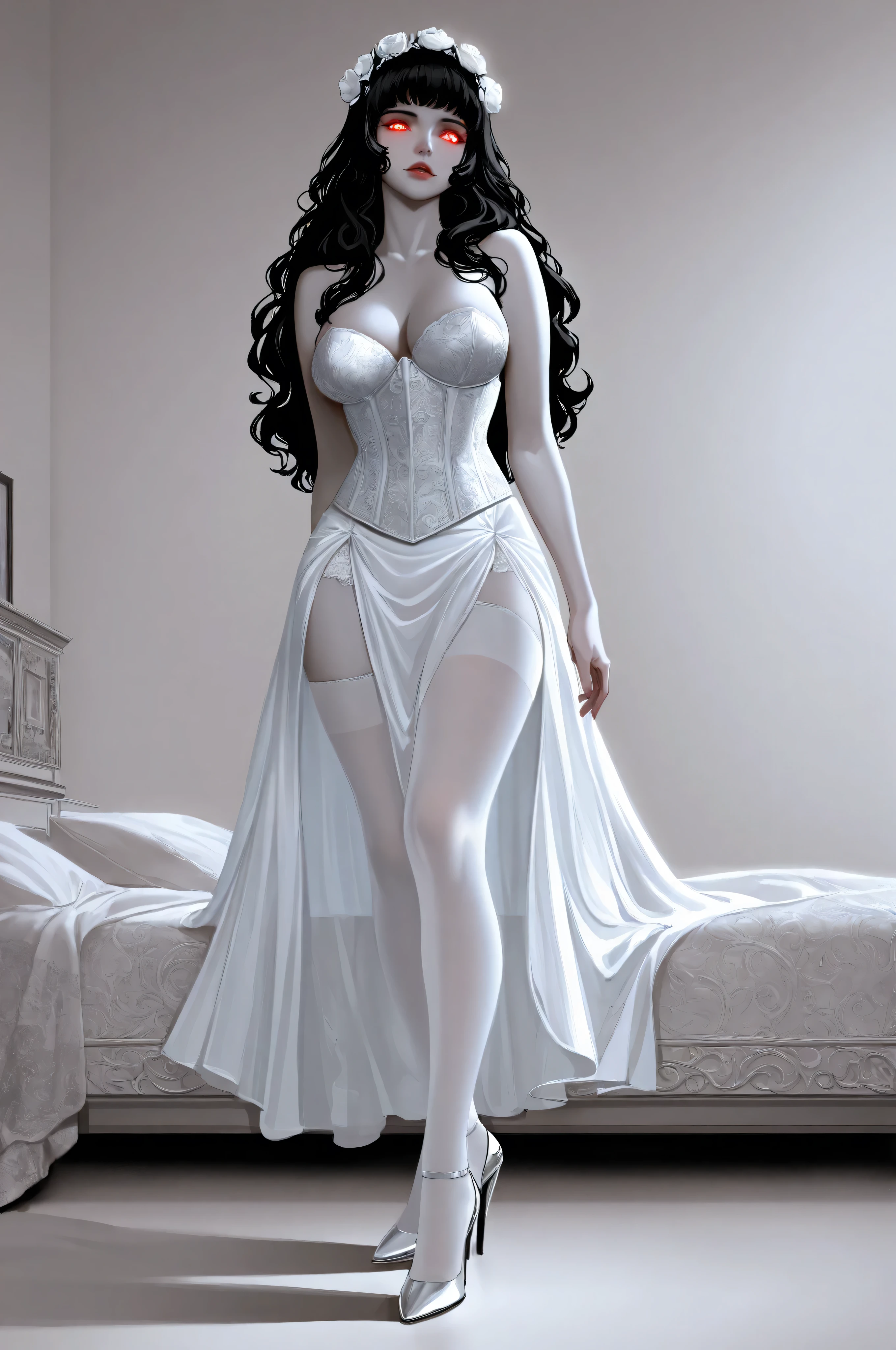 marvelrivals,n30ng0th1cf4ngg1rl,NeonGothicFangGirl, ,aidmaMJ6.1, A (1960s photoshoot style black and white, only color is blue and red) glamours woman model shot, RAW, award winning, of an exquisite beautiful solo woman, ultra feminine, full body, busty woman, most beautiful face ultra detailed face, long hair, wavy hair, pale skin, glowing  eyes, wearing blue silk corset, stockings, wearing intricate high heels, light make up, modern day high society bedroom background, ((black and white filter)),  picture taken from dynamic range, vibrant, Ultra-high resolution, High Contrast, (masterpiece), highest quality, Best aesthetics), best details, best quality, highres, ultra wide angle, 16k, ultra detailed, masterpiece, best quality, (extremely detailed), Perfec