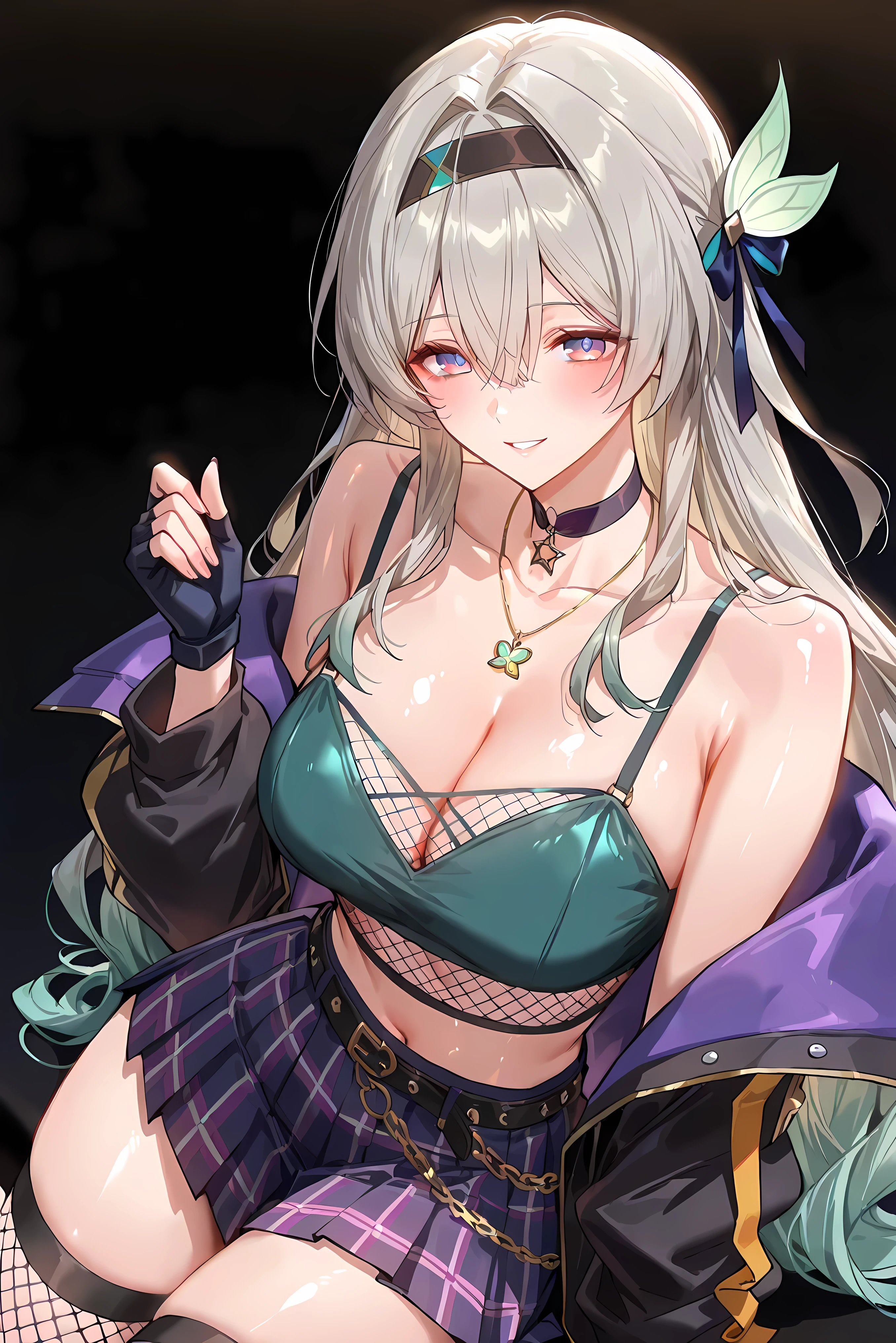 score_9, score_8_up, score_7_up, masterpiece, best quality, very aesthetic, absurdres, tunning image, attractive image, 1girl, adult grown woman, solo, firefly \(honkai: star rail\), purple eyes, grey hair, hair between eyes, very long hair, hair intakes, hairband, two-tone eyes, multicolored eyes, medium breasts, ero404, noona, 5 fingers, shiny skin, simple background, black background, alternate costume, fishnet crop top, black bralette, edgy streetwear, pleated purple plaid skirt, star chain belt, blue twin-tail hair, choker necklace, fingerless gloves, oversized jacket, fishnet stockings, playful yet rebellious vibe, anime girl, confident pose, nightlife aesthetic, punk-inspired, stylish accessories