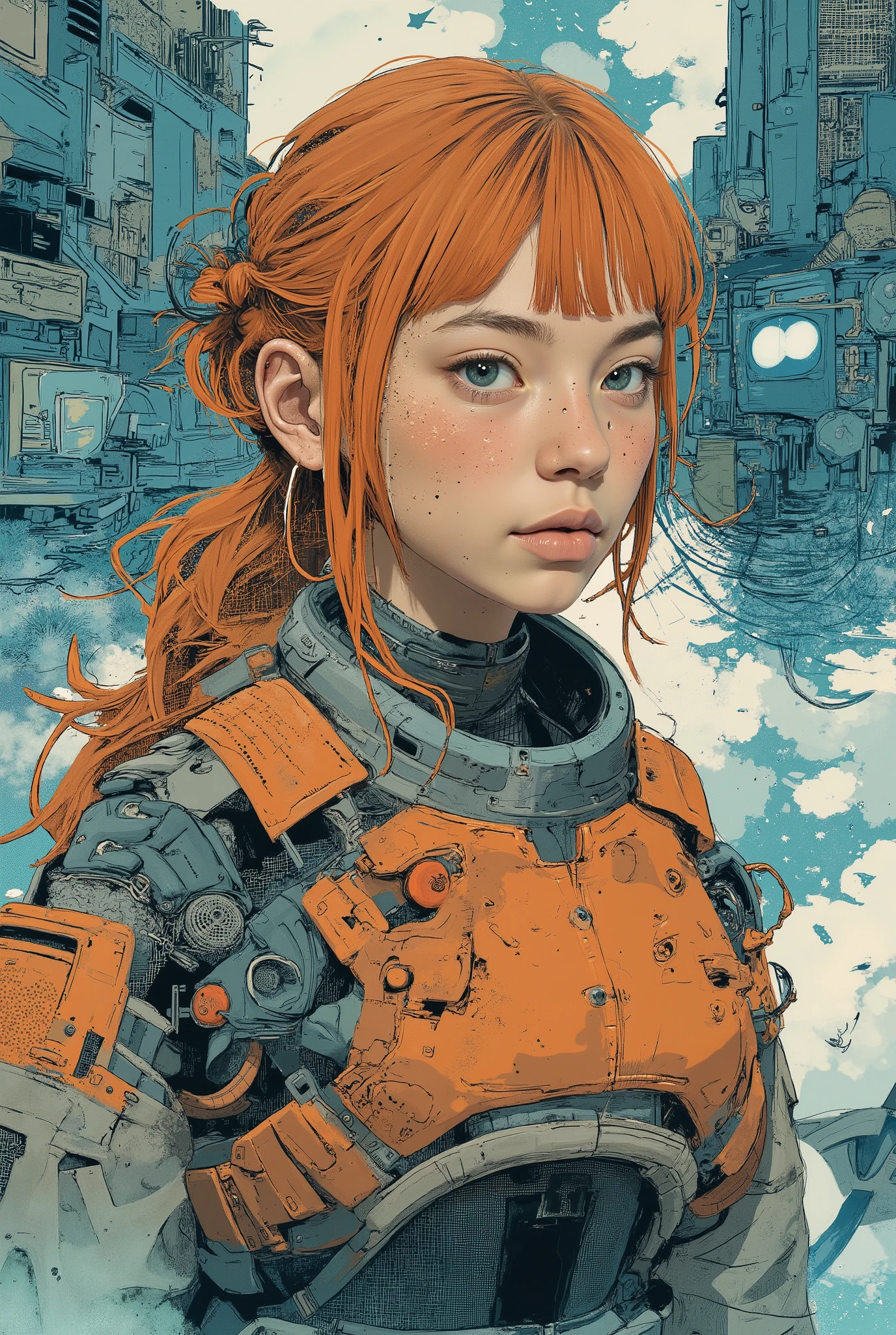 By Alex Vede,CAICO,patterned,SF comic style, European bande dessinée illustration, Moebius inspired art, beautiful young girl wearing insect-like sci-fi armor, full body character design, natural and clean face with no extra ornaments, very beautiful face, cute, orange hair, blunt bangs, braid hair, anatomically accurate body, intricate biomechanical exoskeleton with insectoid wings and chitin plates, organic yet mechanical design, futuristic alien city background, surreal atmosphere, vibrant pastel colors, cinematic full body composition, ultra realistic rendering, highly detailed illustration, hyperdetailed textures, artistic shading, dynamic perspective, (masterpiece:2), best quality, ultra highres, original, extremely detailed, perfect lighting
