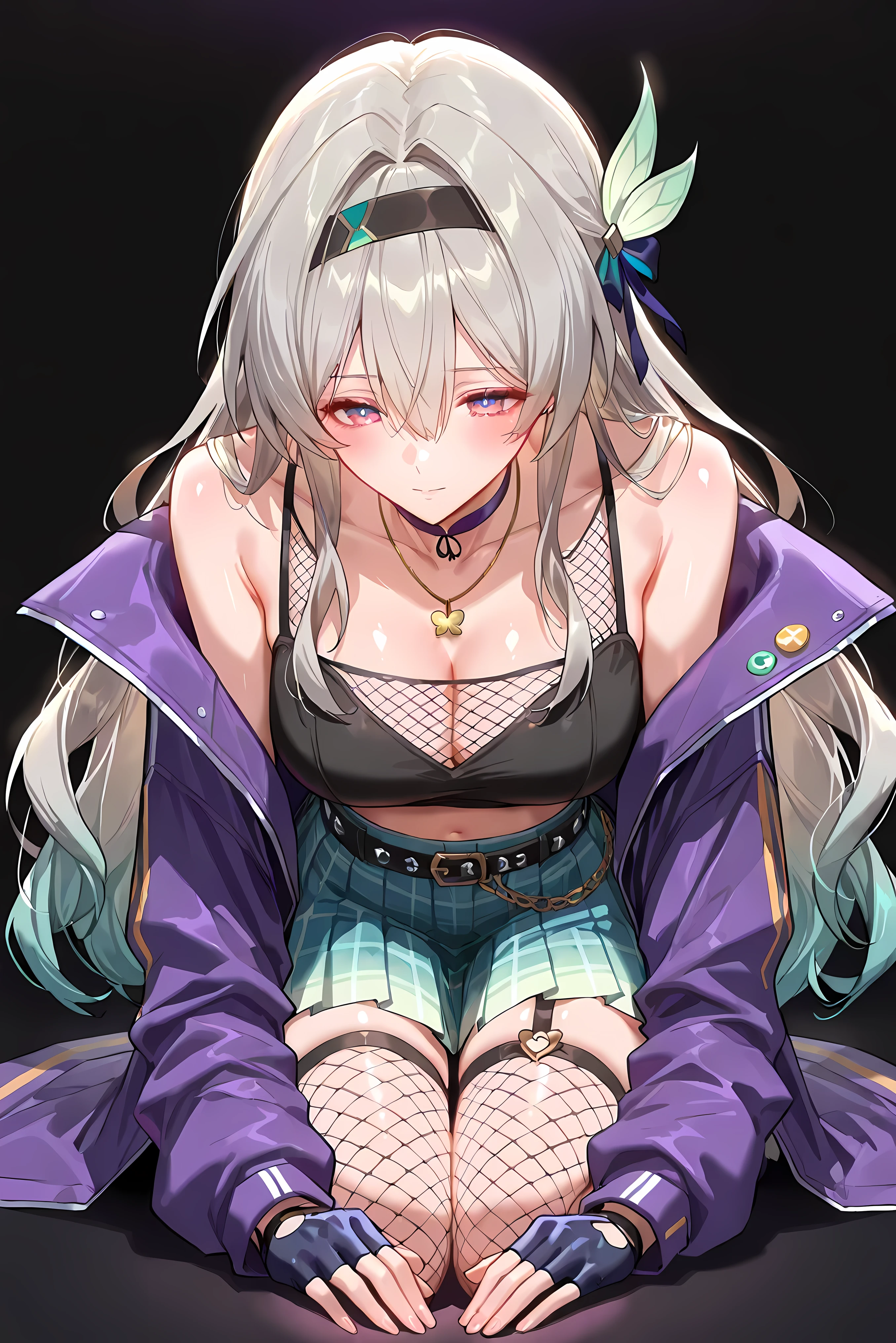 score_9, score_8_up, score_7_up, masterpiece, best quality, very aesthetic, absurdres, tunning image, attractive image, 1girl, adult grown woman, solo, firefly \(honkai: star rail\), purple eyes, grey hair, hair between eyes, very long hair, hair intakes, hairband, two-tone eyes, multicolored eyes, medium breasts, ero404, noona, 5 fingers, shiny skin, simple background, black background, alternate costume, fishnet crop top, black bralette, edgy streetwear, pleated purple plaid skirt, star chain belt, blue twin-tail hair, choker necklace, fingerless gloves, oversized jacket, fishnet stockings, playful yet rebellious vibe, anime girl, confident pose, nightlife aesthetic, punk-inspired, stylish accessories, dogeza, apologizing, bowing, face down, 