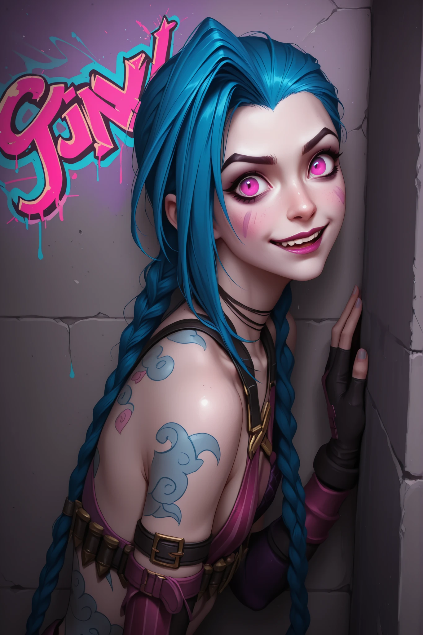 jinx: League of Legends game character leaning against a wall filled with bold and vibrant graffiti, blue hair, braided pigtails