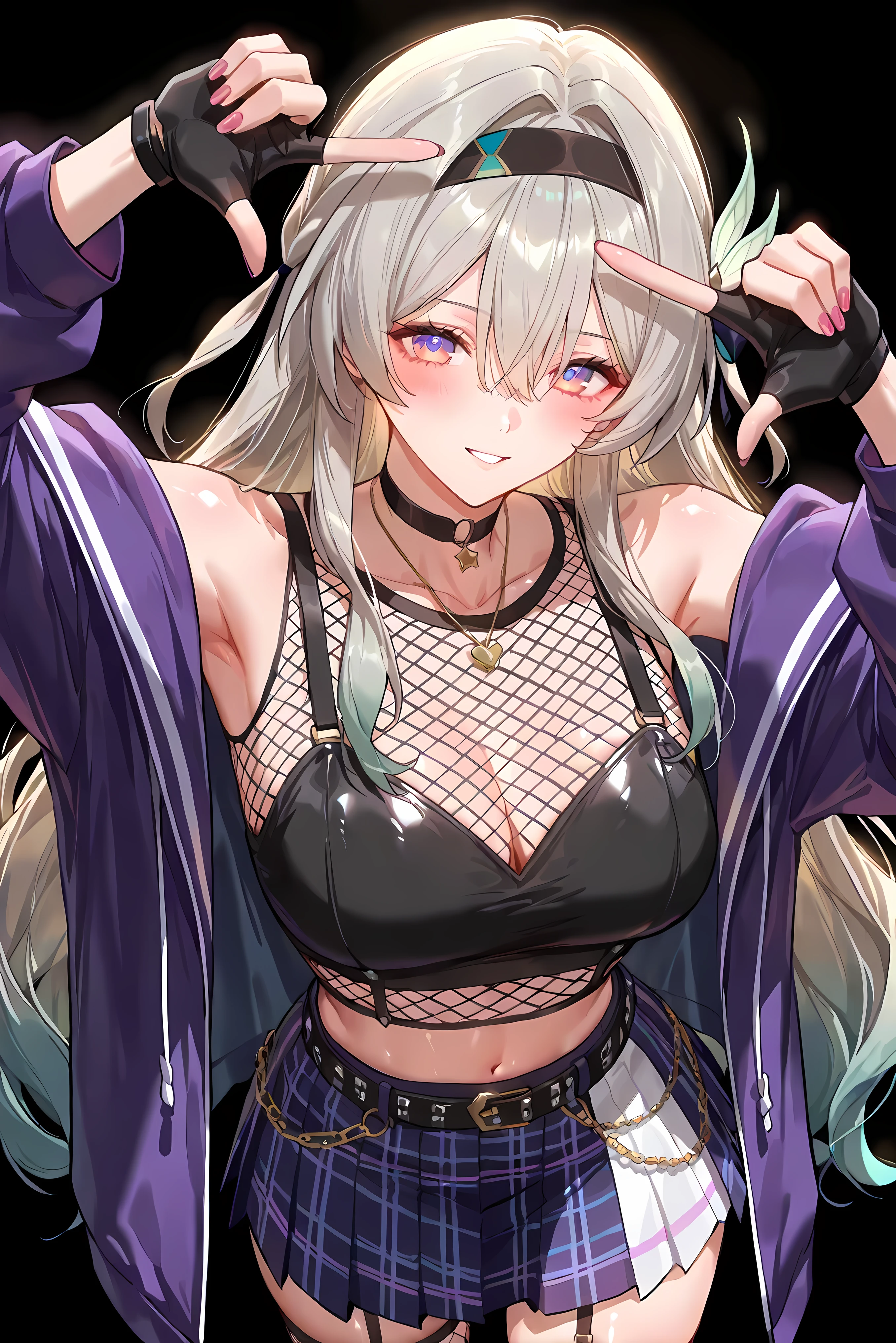 score_9, score_8_up, score_7_up, masterpiece, best quality, very aesthetic, absurdres, tunning image, attractive image, 1girl, adult grown woman, solo, firefly \(honkai: star rail\), purple eyes, grey hair, hair between eyes, very long hair, hair intakes, hairband, two-tone eyes, multicolored eyes, medium breasts, ero404, noona, 5 fingers, shiny skin, simple background, black background, alternate costume, fishnet crop top, black bralette, edgy streetwear, pleated purple plaid skirt, star chain belt, blue twin-tail hair, choker necklace, fingerless gloves, oversized jacket, fishnet stockings, playful yet rebellious vibe, anime girl, confident pose, nightlife aesthetic, punk-inspired, stylish accessories, finger frame, nail, 5 fingers