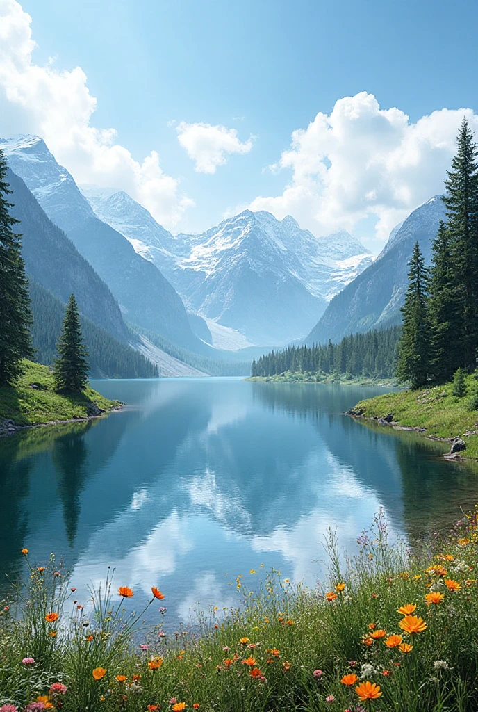 A clear lake surrounded by tall snowy mountains, a perfect reflection of the mountains on the surface of the calm waters, green pine trees growing on the banks, colorful wild flowers that spread in the surrounding meadows, a clear blue sky with scattered white clouds, pure morning light