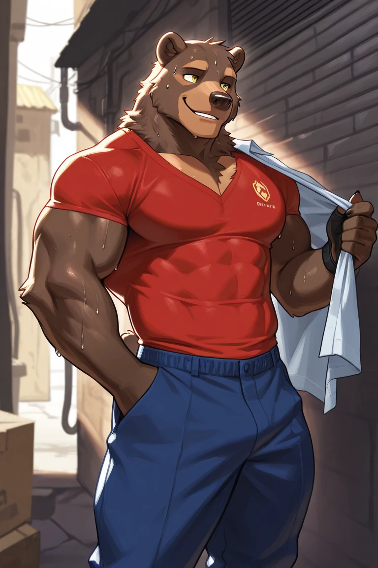 POV,top angle,sleep on stomach,lats,trapezius, lift,kemono, anthro (brown dog), male, (brown dog), muscular, back, red body, white belly ,sweat, ((correct )), sit on chair, beach, perfect beach background, 1 boy, solo, wearing jockstrap, pain expression, canine tooth, hd, dark shadows, wide dynamic range, hdr, low light:1.2, front view, full body, canid, canine, canis, domesticbrown dog mammal, nordic sled brown dog, fullbody, full res, smile, lifeguard, wearing Tank top,  sniffing, open mouth, out,drooling