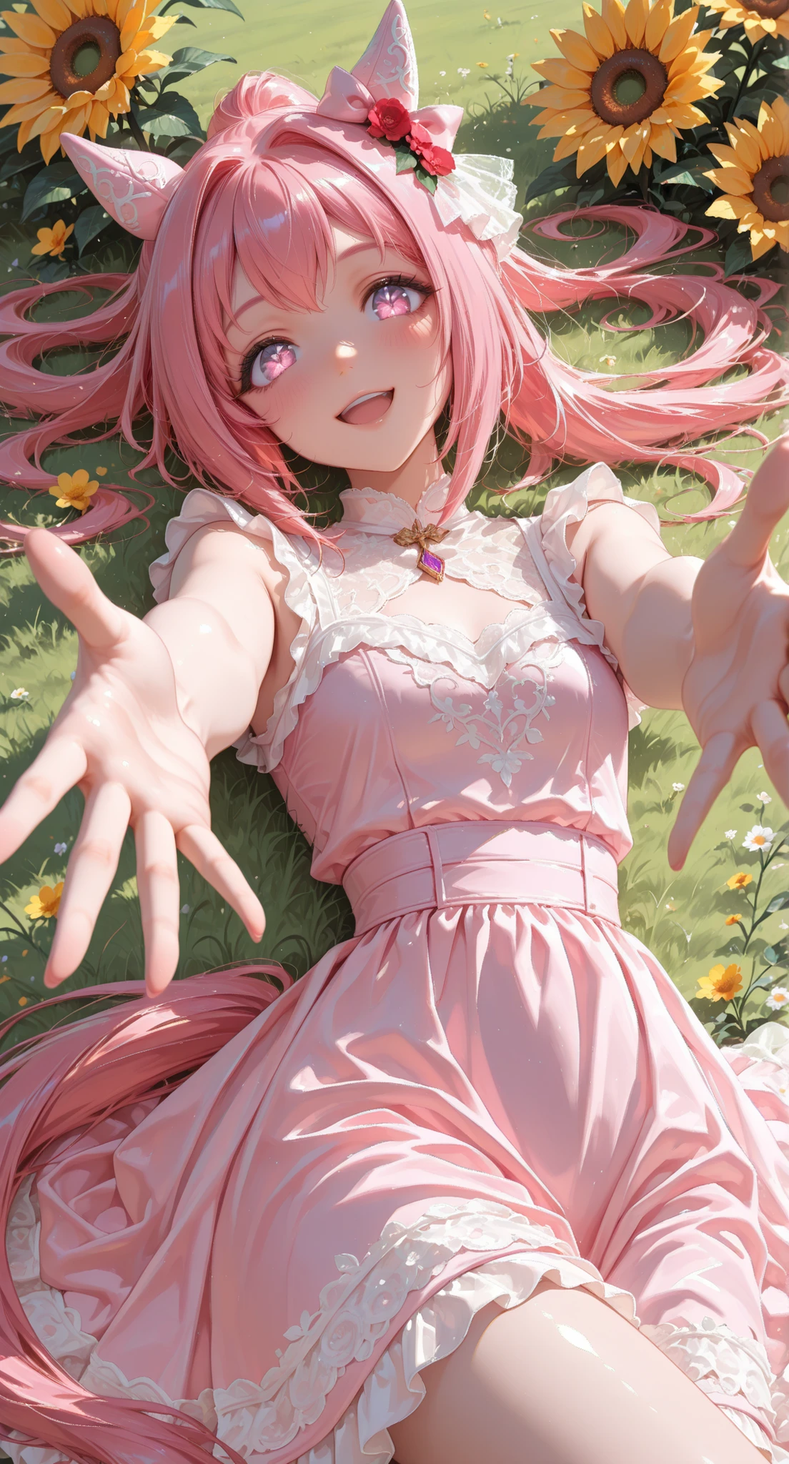 haru urara \(umamusume\), 1girl, alternate costume, animal ears, bare shoulders, blush, bow, dress, ear bow, ear covers, flower, flower-shaped pupils, flower in eye, grass, hair flower, hair ornament, horse ears, horse girl, horse tail, long hair, looking at viewer, lying, on back, open mouth, outdoors, outstretched arms, pink dress, pink eyes, pink hair, ponytail, purple eyes, sleeveless, sleeveless dress, smile, solo, sunflower, symbol-shaped pupils, symbol in eye, tail, teeth, upper teeth only, nekoponart, umamusume