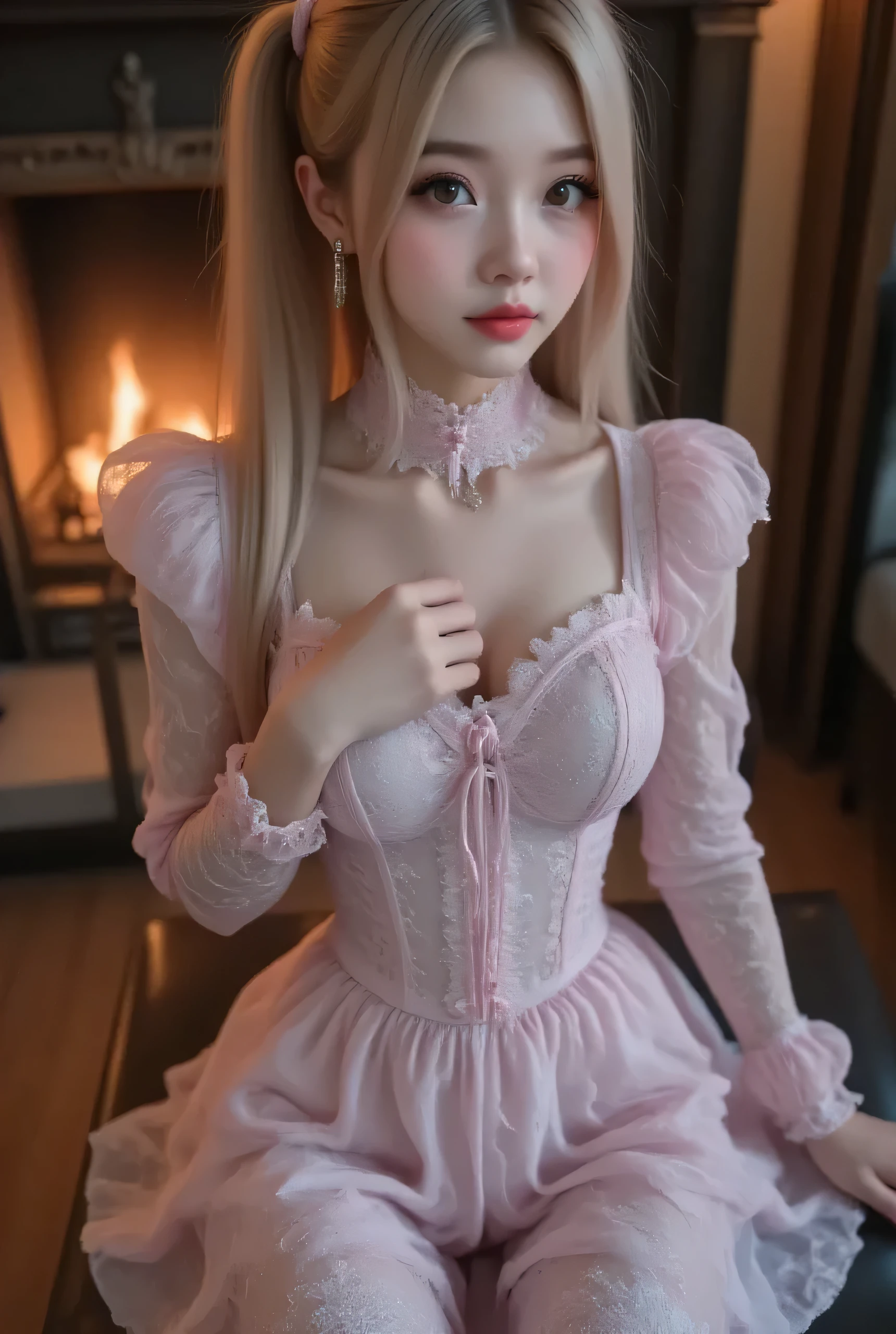 1girl, blonde hair styled like Frozen Anna, playful Lolita short skirt dress with lace details, sitting in a cozy vintage restaurant, cosplay style with elegant accessories, warm fireplace glowing in the background, fine facial features, captivating and pretty expression, pink lipstick, ultra realistic 8k, dramatic chiaroscuro lighting, cinematic composition, pleasant warm colors, intricate and elaborate dress patterns, full body view from above, body leaning slightly forward in a charming pose, cozy and stylish atmosphere.