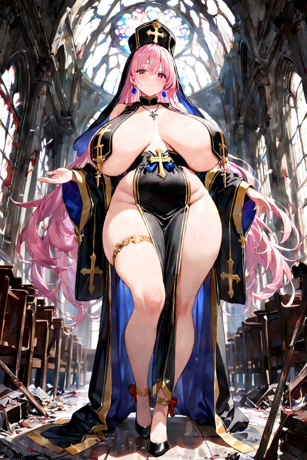 The prompt is: voluptuous, long blond hair, thick thighs, 8K, 4K, best quality, high resolution:1.2), cute anime face, noise reduction, sparkling blue eyes, cheerful smile , open your mouth and laugh ,rounded, wearing a headband, ?????, barefoot, toned abs, muscular arms, muscular legs, in a bedroom, (((exposed ???????))). , young face, anime chic eyes, at church, calvin klein ?????????, (((????? ???)))
Please note that the prompt should be in English and should not include any explanations or sentences.