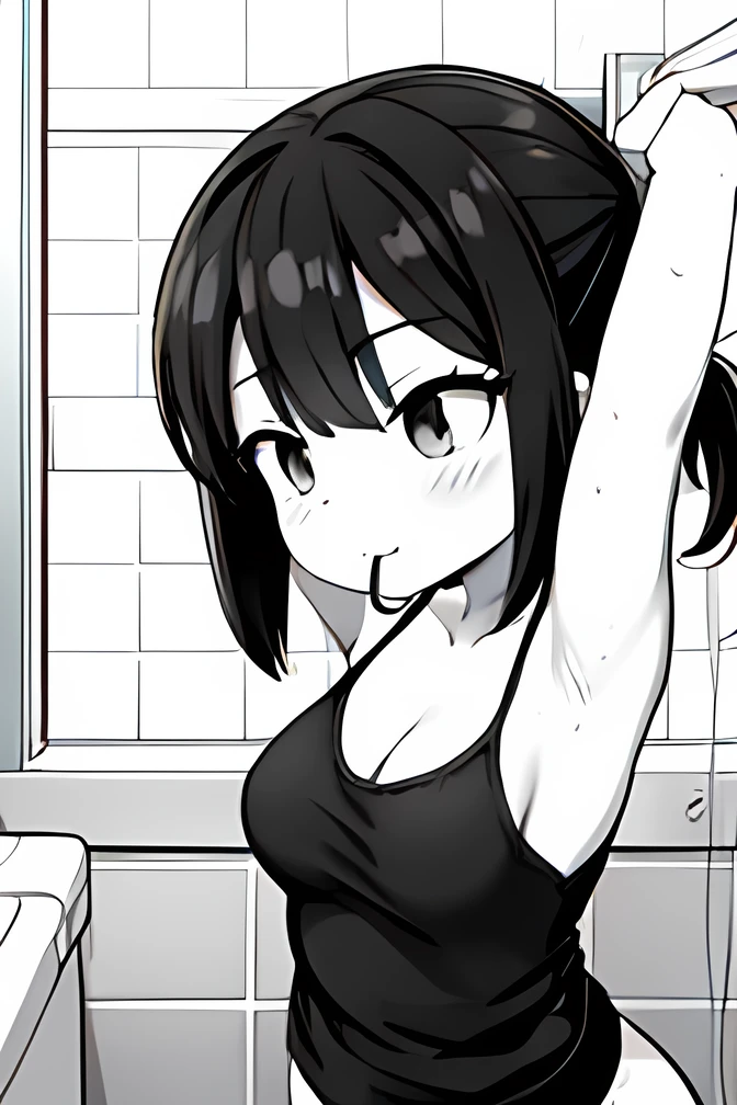 ((( Line art ))),((( monochrome:1.2))),1girl,ideal ratio body proportions,(iris ), Dark Eyes ,( small eyes ),(Slanted Eyes) ,(open eyes),((black hair))),( short bob hair ),bangs ,(((big breasts))),(disproportionate breasts),((short stature)),(blackcamisole ),(short pants),(smile ),standing,(hair tie in mouth),(((high pony tail))),armpits,indoor,bath room ,angle from front,