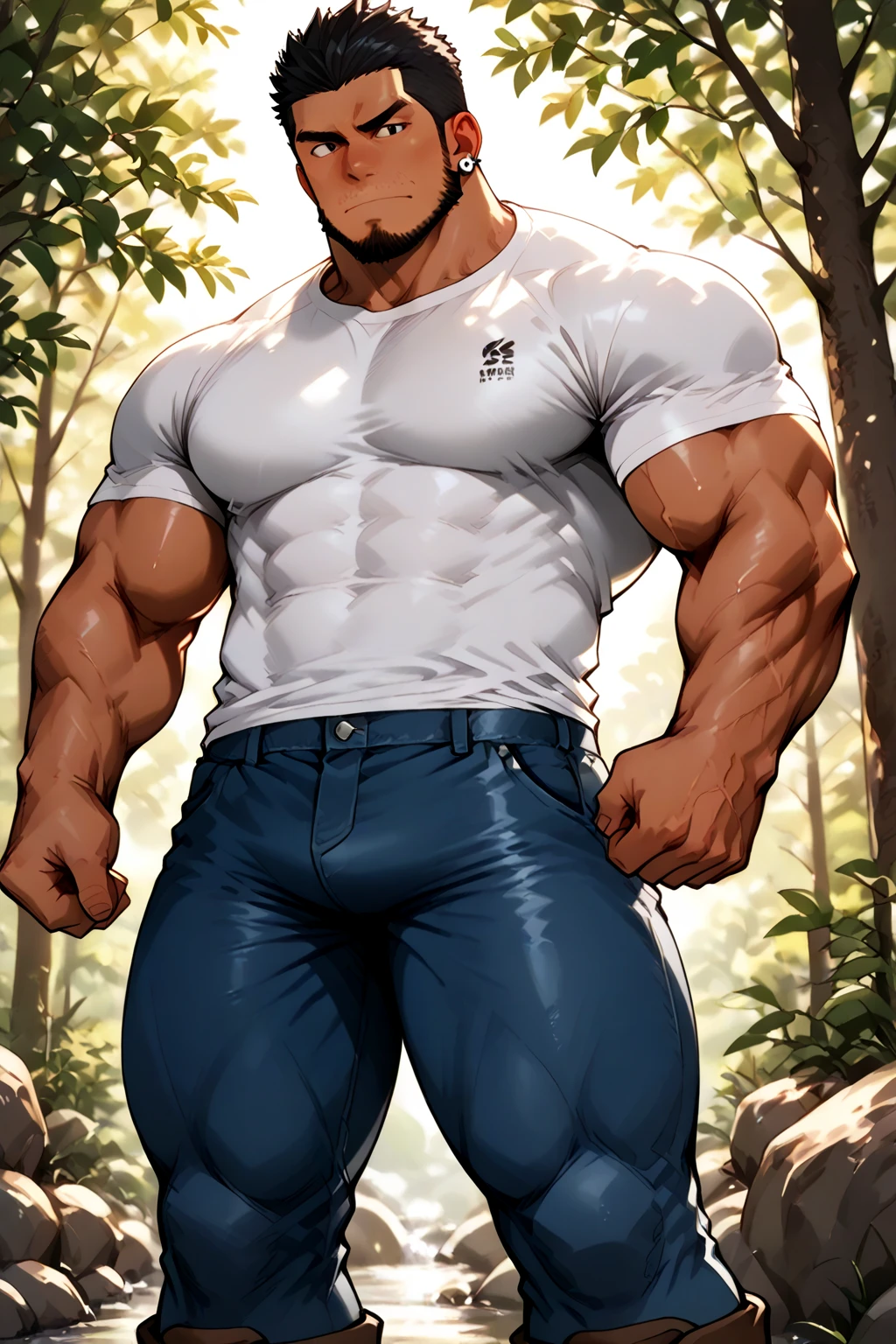 A teen ( face) 15 year old teenager (15 years old) very attractive boy, standing, full body. Mexican ethnicity. tanned skin, silver white hair, short hair bangs that fall on both sides of his youthful face. carefree expression, young man, alone, marked muscles, beautiful musculature, aesthetic stretch marks, inspiring physique, slender muscles, square pecs, beautiful V-cone, excellent abs and torso, chiseled abs, pectorals chiseled, perfect massive muscles, inflated muscles, voluminous pectorals, massive muscular body, a huge gigantic ????? with a narrow waist, huge shoulders, ridiculously well-shaped large pecs, eight chiseled abs, (very toned and huge) with his military haircut and voluminous neck, narrow waist, golden eyes, young face, beautiful, young. Teen muscular young bodybuilder with extraordinary and firm back, chiseled muscles, rhomboid muscles, latissimus dorsi. Gigachad. he wears a Use Vegeta's training suit. A tight one-piece suit from the neck to the ankles, black in color, the suit has no sleeves, it does not use a belt. The black shirt and pants are a single piece of clothing, the shirt has a U neck, has no sleeves and highlights his prominent abdominals and pectorals. He doesn't wear a belt. His muscles stand out. He wears white gloves on his hands, and white boots.  Ruins of a Jedi temple with forest background. standing, full body. (((Back))) huge firm muscular thighs, round ???????? and round ???? with back, huge ??? ((firm ????????)) with big booty. (((black clothes)))