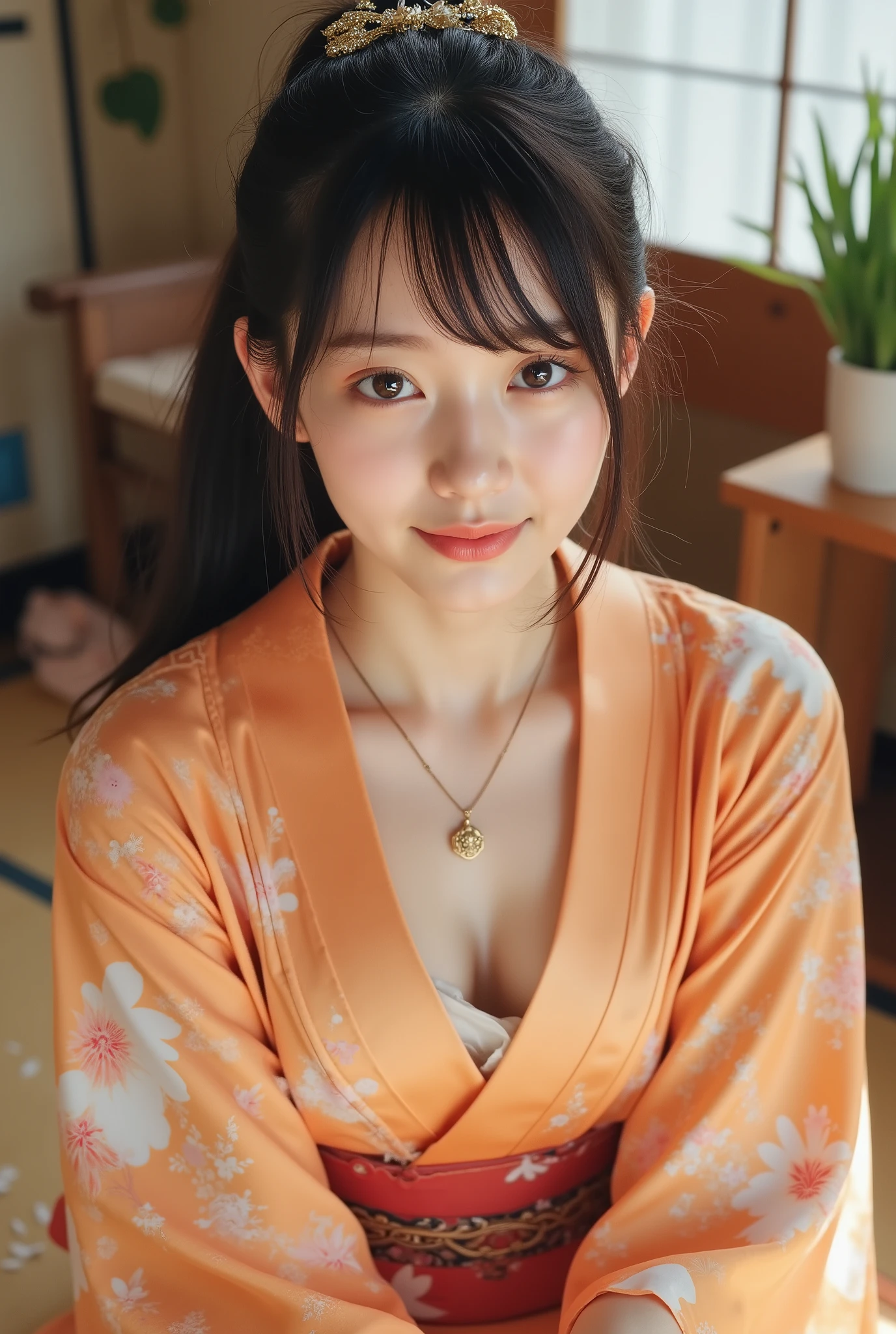 (Canon), (EOS R5), (50mm), (((Photorealistic:1.5))), ( No Lens Flare :1.5), ((超high resolution)), (masterpiece), accurate, (Realisticな質感の肌), Super Detailed, Highly detailed, High Quality , winning work, 最High Quality, 32K, depth of field,  digital camera, Award-Winning Photos , (Professional bright lighting), ((Appropriate white balance for the skin)), ((最High Quality:1.5)), ((masterpiece:1.5)), ((Realistic)), high resolution, (とても美しくて可愛い1 personの日本人女性), ((Upper body shot seen obliquely from the front :1.5)), (( upper body shot from head to knee  :1.5)), ((( upper body shot with a beautiful and cute floral pattern with an orchid-like design :1.8))), ((half naked Japanese woman in a Japanese kimono)), ((Shot in an old Japanese-style house in Japan )), ((sitting on a beautiful tatami mat in a luxurious Japanese-style room:1.5)), ((( showing cleavage between the lattice-shaped shoji and floor :1.8))), ((( wearing only Japanese kimonos , underwear,  no shoulder straps , semi-nude:1.8))), ((( no shoulder straps :1.5))), (((underwear:1.5))), (((The front of the kimono is wide open to show the cleavage between the shoulders and bust:1.8))), (1 person), ((Beautiful and cute,  18 year old Japanese)), ((very cute high school girl who feels young)), ( beautiful black hair ponytail), Very beautiful and sexy, Charming Beauty, Seductive Poses, height 160cm, slim figure visible to the navel, Beautifully shaped bust , D cup, (((A very cute, cheerful smile:1.8))), (solos:1.5), (brown eyes:1.9), (Highly realistic detailed depiction of skin), (Highly detailed, realistic eyes:1.9), (Very beautiful long, realistic eyelashes), (Highly detailed, realistic eyebrows), (丸いbrown eyes :1.8), (Beautiful catchlights in the eyes), (Realistic lips with moisture ), (White realistic teeth lined up nicely), ( Beautiful and Detailed Face :1.6), (Hourglass Figure:1.6), (Wasp waist :1.5), (Perfectly round and beautifully shaped breasts:1.8), ( clearly contoured cheekbones  :1.5), (Perfect Styled Body :1.8), (Healthy body :1.8), (Narrow shoulders:1.9), (is staring at the viewer), (enchanting gaze), (Beautiful, natural-looking hands), (beautiful pink nails with beautiful length), (( show your hands as little as possible )), (very cute smile:1.1), (Waist, demon's red eyes:1.4), Intricate and detailed,  colorful depiction , ((An orange Japanese kimono with a beautiful and cute floral pattern designed like an orchid:1.5)), ((The kimono is wide and the shoulders and chest are quite exposed:1.3)), (((Off Shoulder:1.8))), ((Beautiful orange Japanese kimono with a beautiful floral pattern)), ((Kimono with a flower pattern on orange fabric)), ((I can't show my feet)), flower hairpin, (I can see ikebana on Japanese-style furniture behind),  extremely sexy sensual body , sexy girl, like々Sensual Elegance, sexy body, Sexy look,  sitting on tatami mats in a luxurious Japanese-style room , Shot taken from an oblique front , (Beautiful pink, yellow, and white petals are scattered on the tatami mat), (Japanese-style temari rolling ), Japanese style hairpin, Japanese Style Hair Ornament, A gentle-looking face, thin waist, (A beautiful, well-shaped cleavage of the bust can be seen quite a bit), blur background, Illuminate Your Face, Dynamic Pose,Beautiful Body Lines, Beautiful, realistic skin , Art Photography, beautiful soft writing, (Color temperature 4500K)