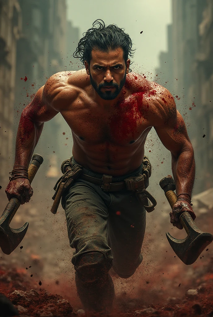Best quality, masterpiece, ultra high res, photorealistic:1.5, raw photo,ultra reality, bearded man, short hair, a man standing on a pile of dead humans, holding knives in both hands, bloody hands, injured, some bruises, fighting, in the city