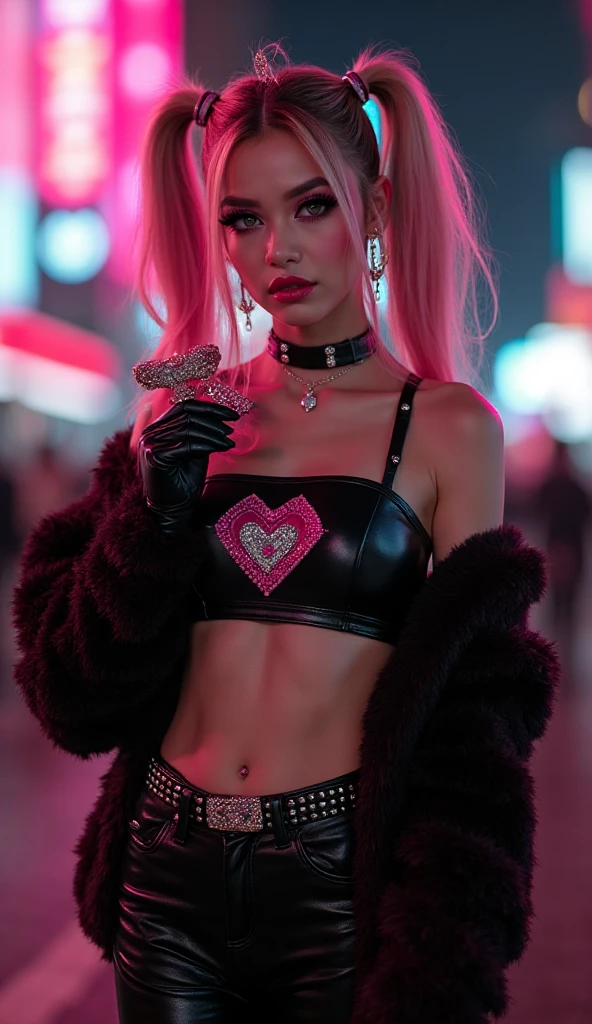 girl with pink hair , pink messy hair, 1 girl, solo, skirt, pink fingerless gloves, pink crop top hoodie, in a mall, black bag