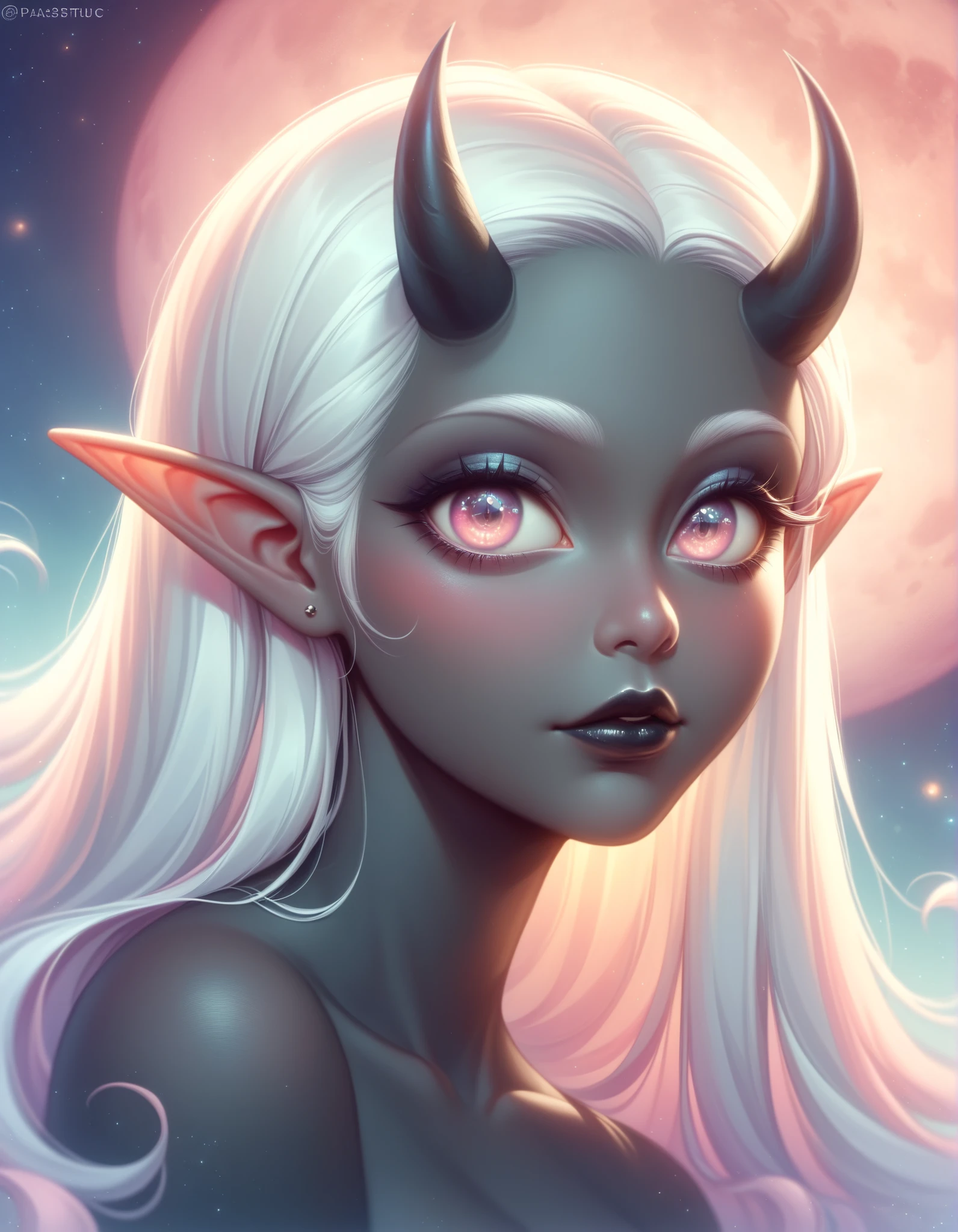 ((Masterpiece)), ((highres)), ((1person)), Random poses, beautifully detailed succubus girl, ((pastel moon background)), long white hair, defined elf ears with ear guages, defined eyes, pastel iris, long eye lashes, defined nose, black lipstick, (((Black skin))), black demon horns, breasts, night sky, pastel gothic style, gothic style art, (gothic asthetic), frame shot