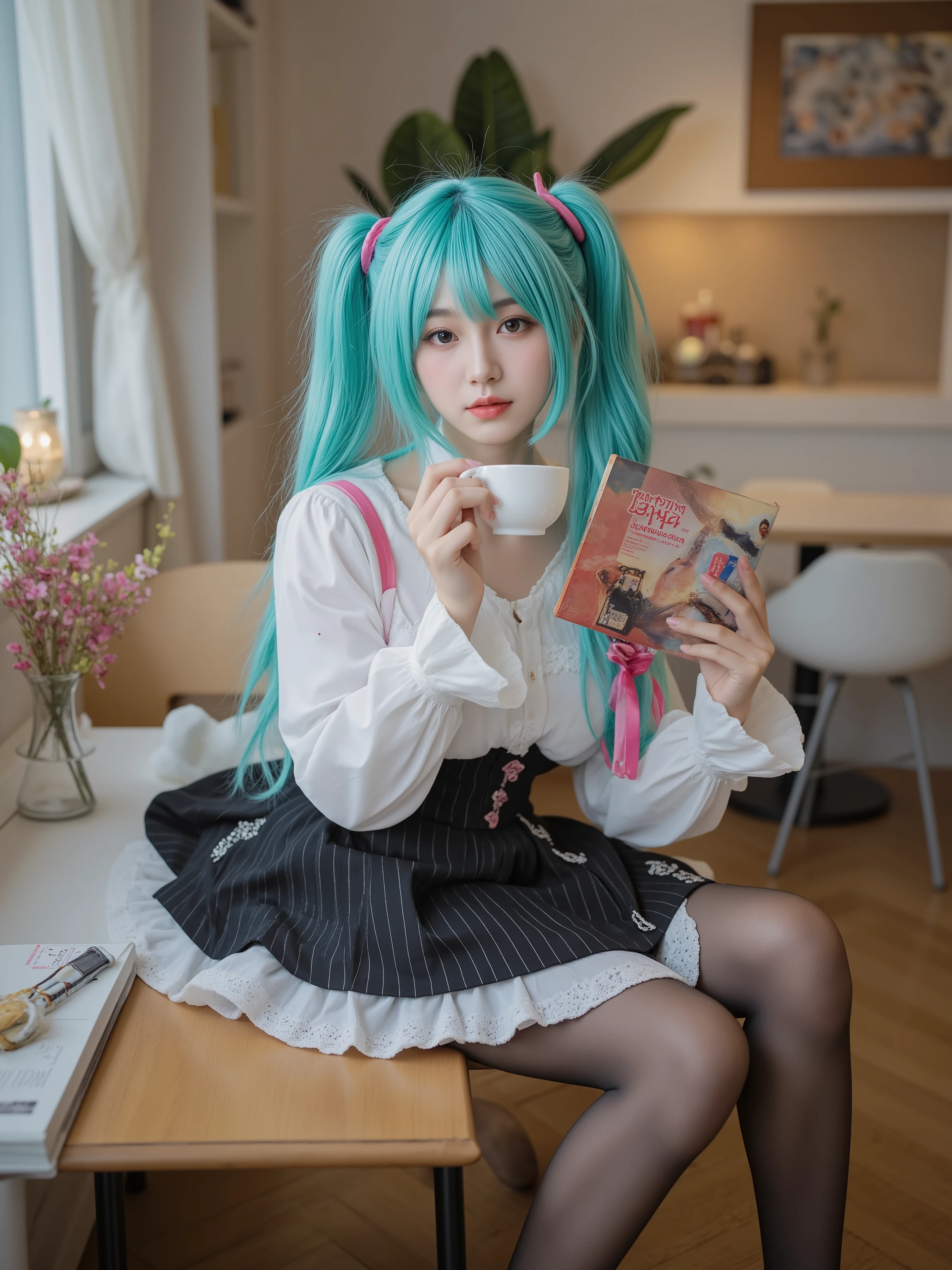 seated,The woman who cosplayed as Hatsune Miku、Drinking coffee while reading a book at a coffee shop、Realistic、portrait、4K、high resolution、Extremely Detailed Description、studio lighting、REALISTIC TEXTURE、Cheerful Atmosphere、Warm Colors、Calm Expression、A realistic photo of a tall and slim beautiful woman dressed in miku-cybdating cosplay costume. She is also wearing black pantyhose and black shoes. She has very long aqua twintails hair with black hat.,