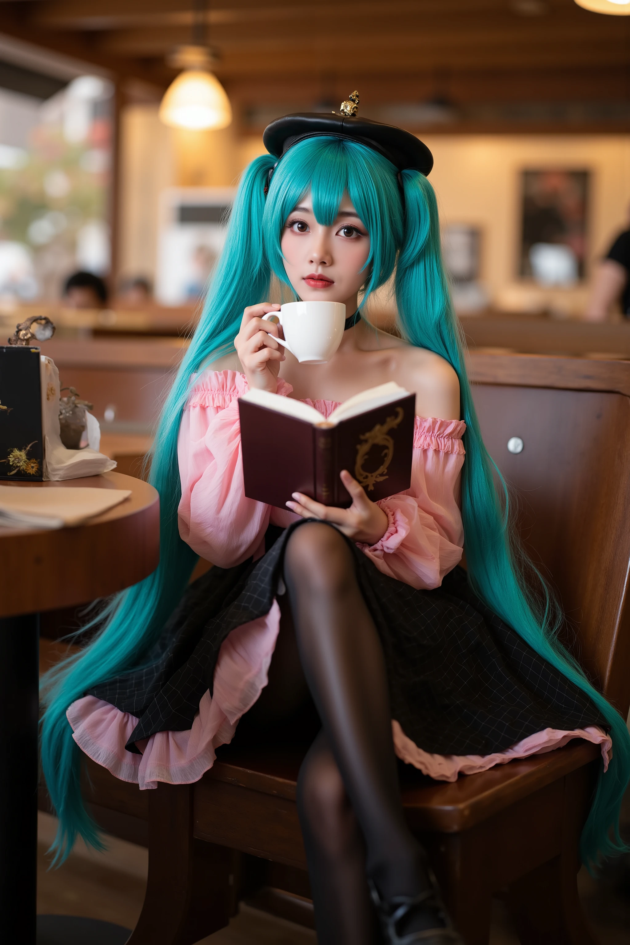 The woman who cosplayed as Hatsune Miku、Drinking coffee while reading a book at a coffee shop、Realistic、portrait、4K、high resolution、Extremely Detailed Description、studio lighting、REALISTIC TEXTURE、Cheerful Atmosphere、Warm Colors、Calm Expression、A realistic photo of a tall and slim beautiful woman dressed in miku-cybdating cosplay costume. She is also wearing black pantyhose and black shoes. She has very long aqua twintails hair with black hat.,