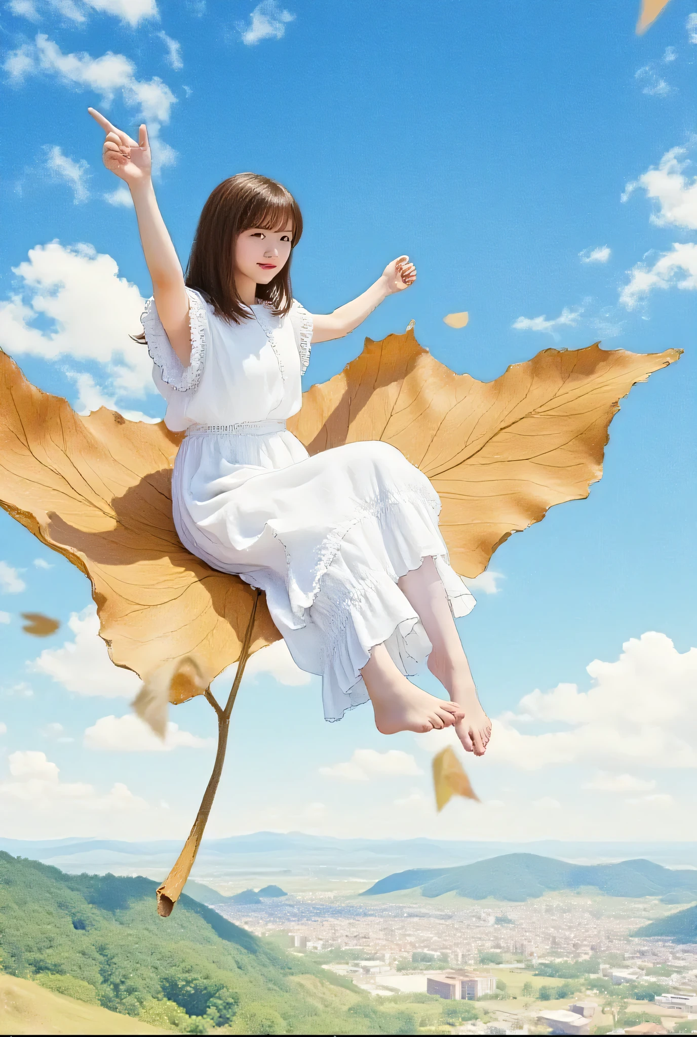 A world of imagination.、An illustration of a beautiful girl sitting on a large autumn leaf and flying above the forest.、Riding on a light brown dead leaf.、A beautiful girl with long brown hair wearing a white dress is flying in the sky on a dead leaf.、Blue Sky、Sardine Clouds、A background of a small city.、detailed drawing、watercolor style、Hitomi Tanaka
