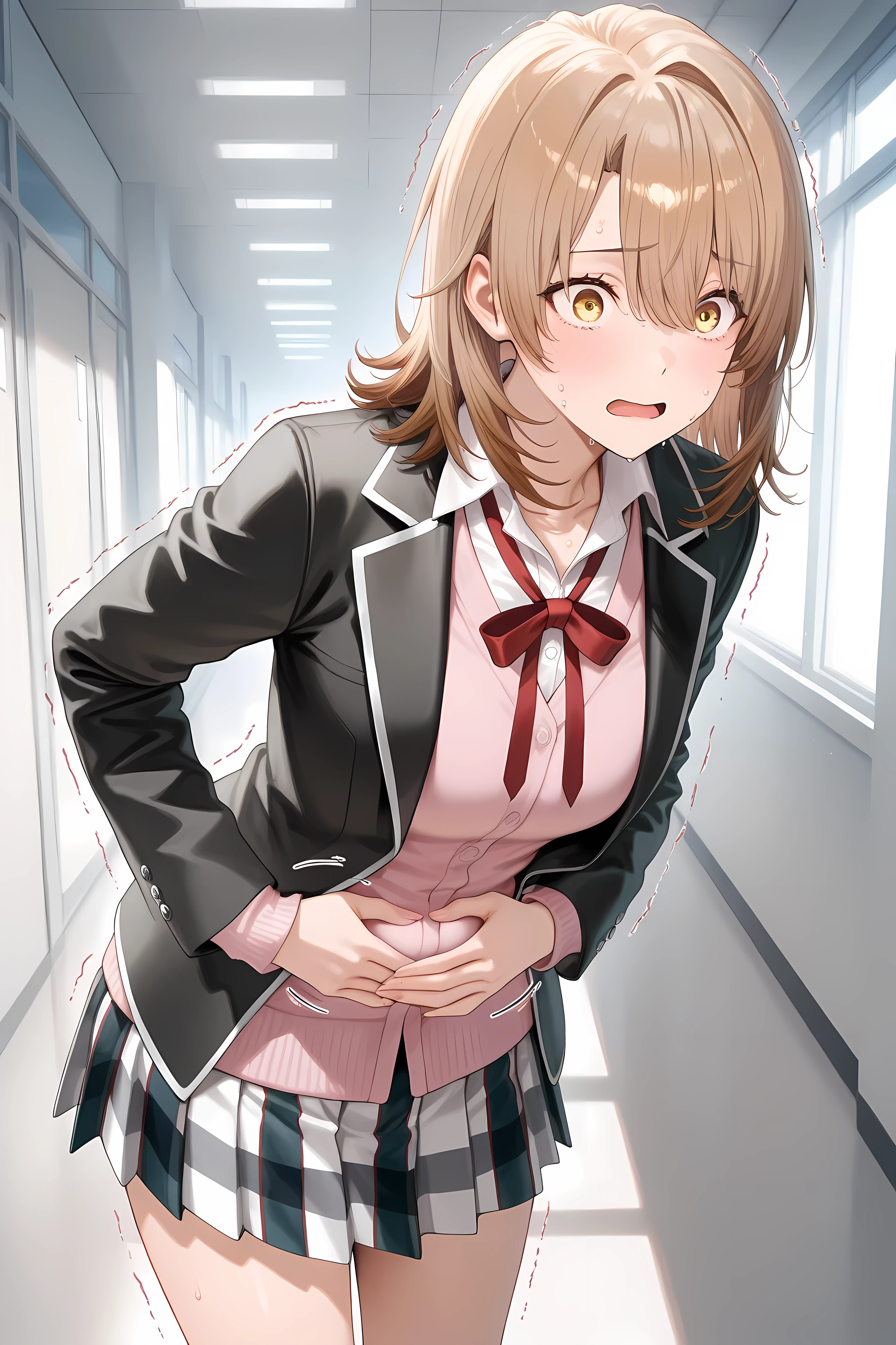 medium hair, multicolored hair, light brown hair, brown hair, yellow eyes, hair between eyes,open jacket, black jacket, collared shirt, white shirt, pink sweater, neck ribbon, red ribbon, long sleeves, plaid skirt, pleated skirt, multicolored skirt,Solo, general, masterpiece, highres, ultra-detailed, hyper-detailed, best quality, amazing quality, very aesthetic, best hands, best eyes, best hand
adult woman, 1woman, hand on own stomach, sweat, leaning forward, nervous, scared, trembling legs, school hallway