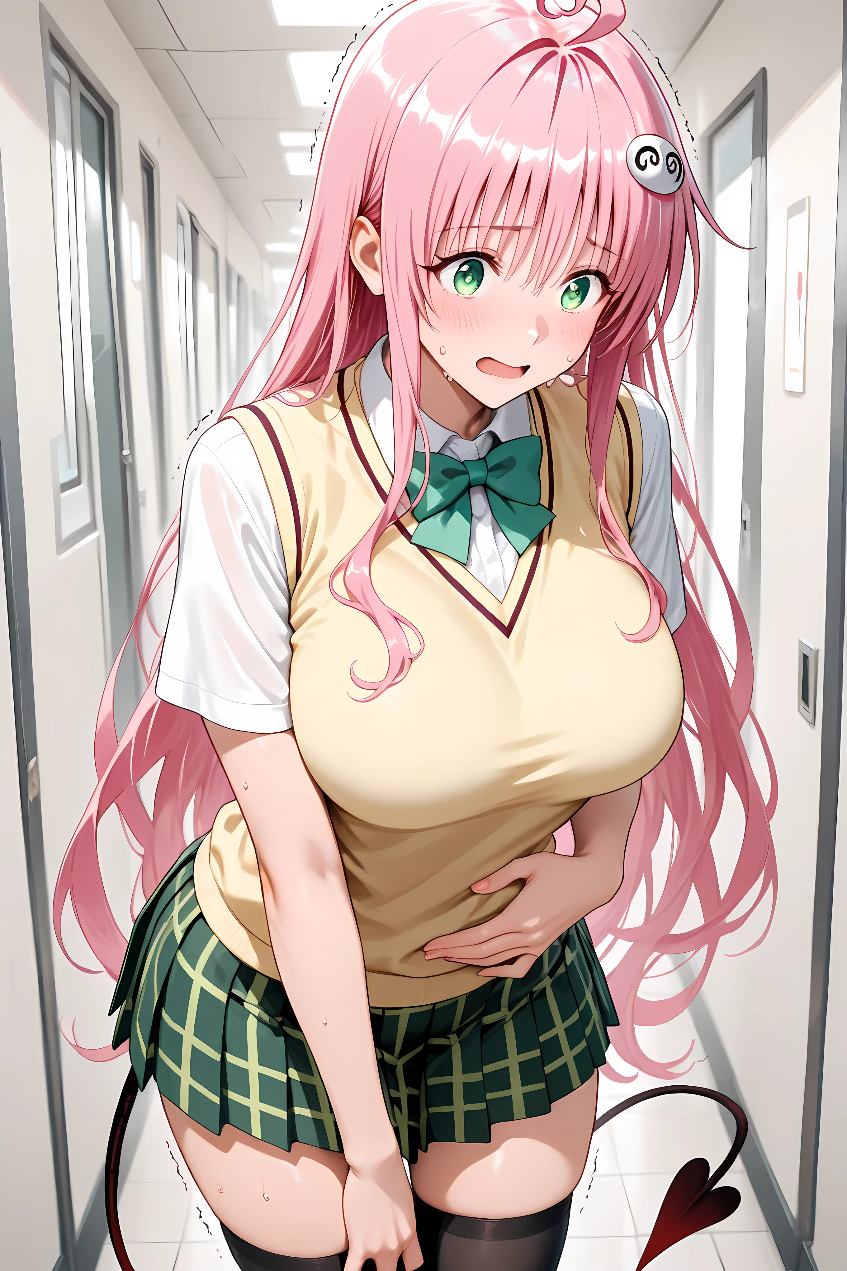 Lala Satalin Deviluke,ahoge,very long hair,pink hair,hair ornament,sidelocks,bangs,green eyes,school uniform,sweater vest,yellow vest,white shirt,collared shirt,green bowtie,short sleeves,large breasts,miniskirt,green skirt,plaid skirt,pleated skirt,demon tail,zettai ryouiki,black thighhighs,
half body shot, Solo,
Solo, general, masterpiece, highres, ultra-detailed, hyper-detailed, best quality, amazing quality, very aesthetic, best hands, best eyes, best hand
adult woman, 1woman, hand on own stomach, sweat, leaning forward, nervous, scared, trembling legs, white school hallway