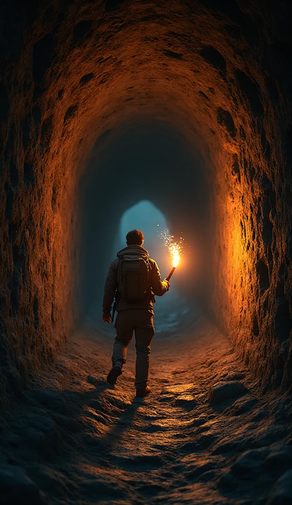 Explorer navigating dark passage, holding lit torch illuminating the ...